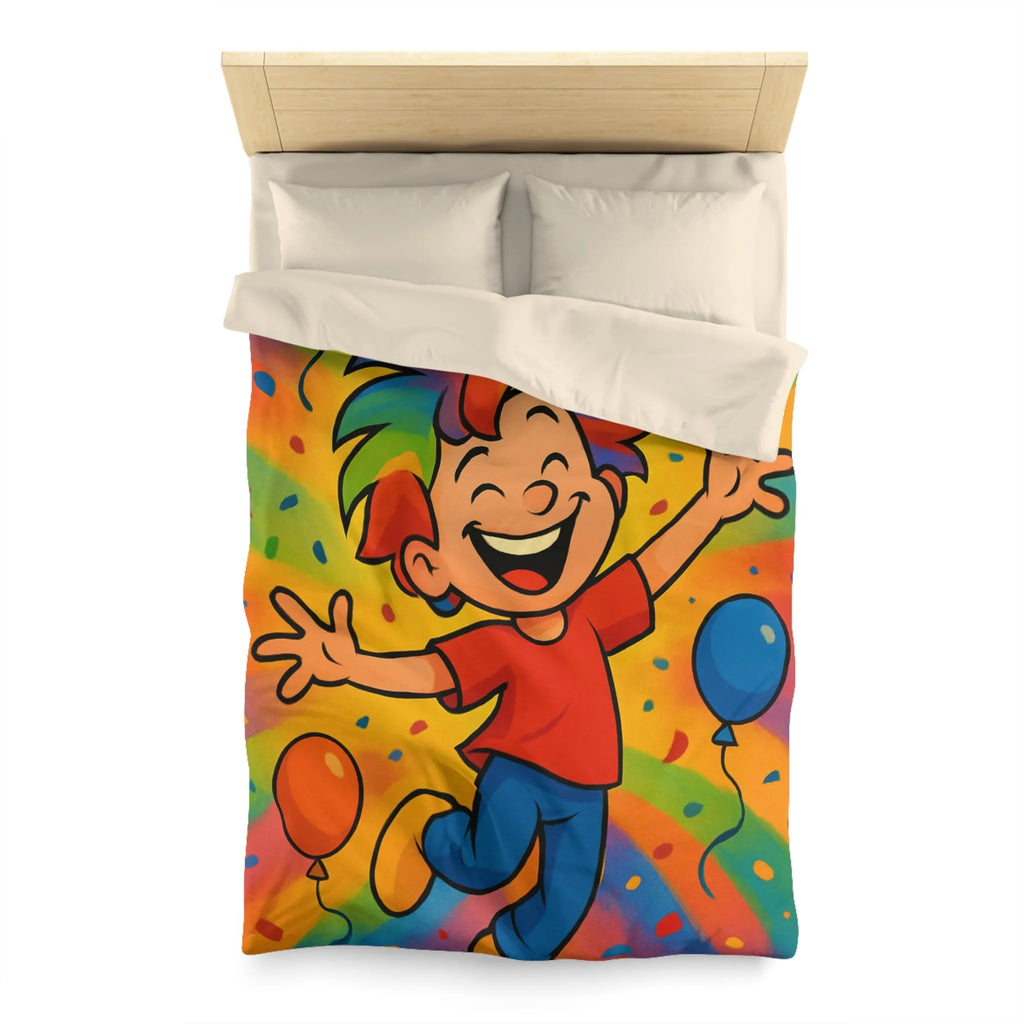 Housse de couette colorée avec enfant joyeux et ballons arc-en-ciel, ambiance festive