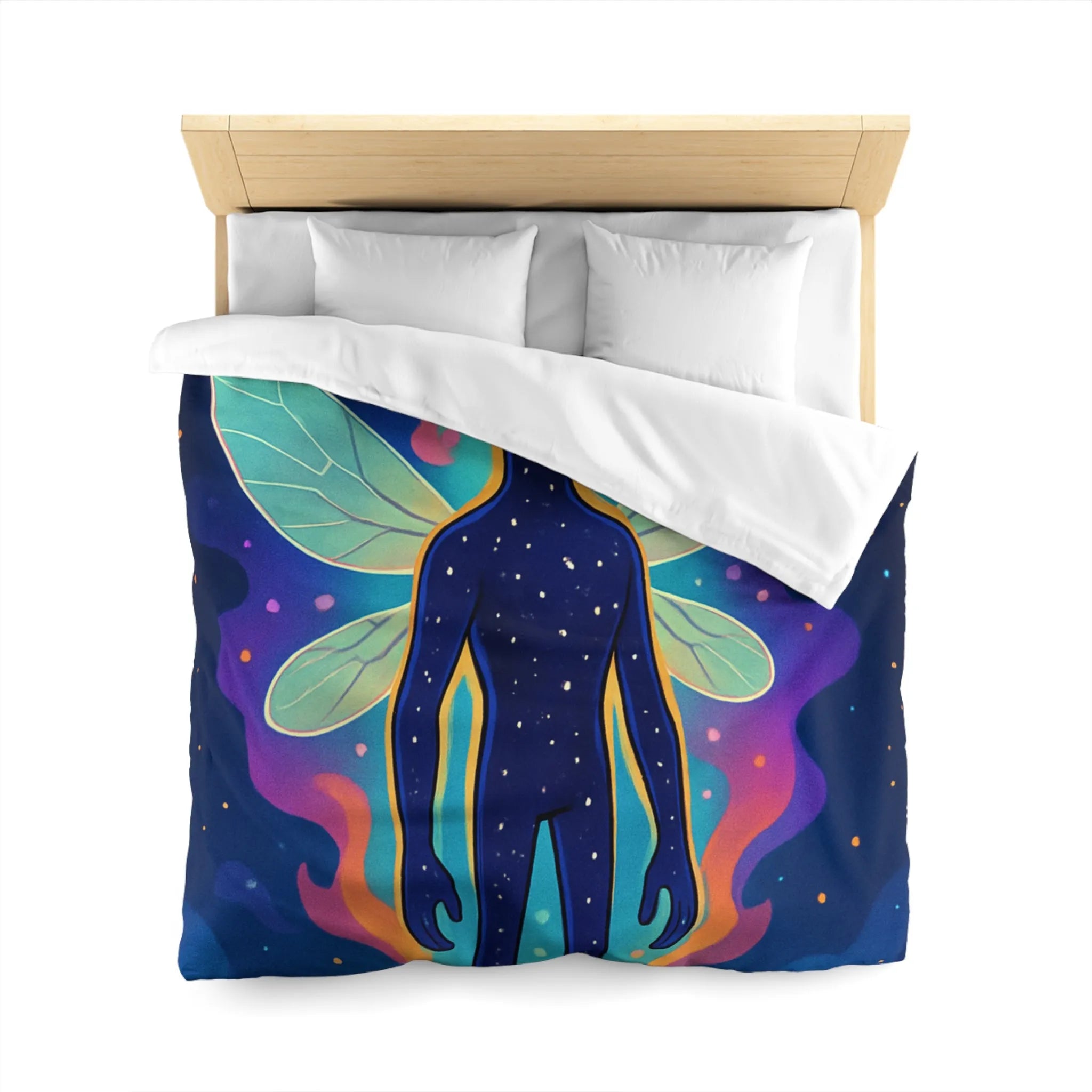 Housse de couette féerique avec créature cosmique et ailes éthérées pour chambre unique