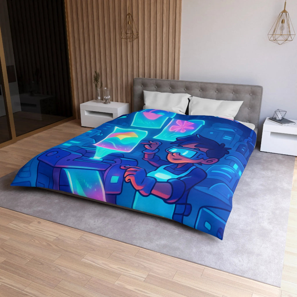 Housse de couette avec design futuriste lumineux d'imprimante et personnage créatif