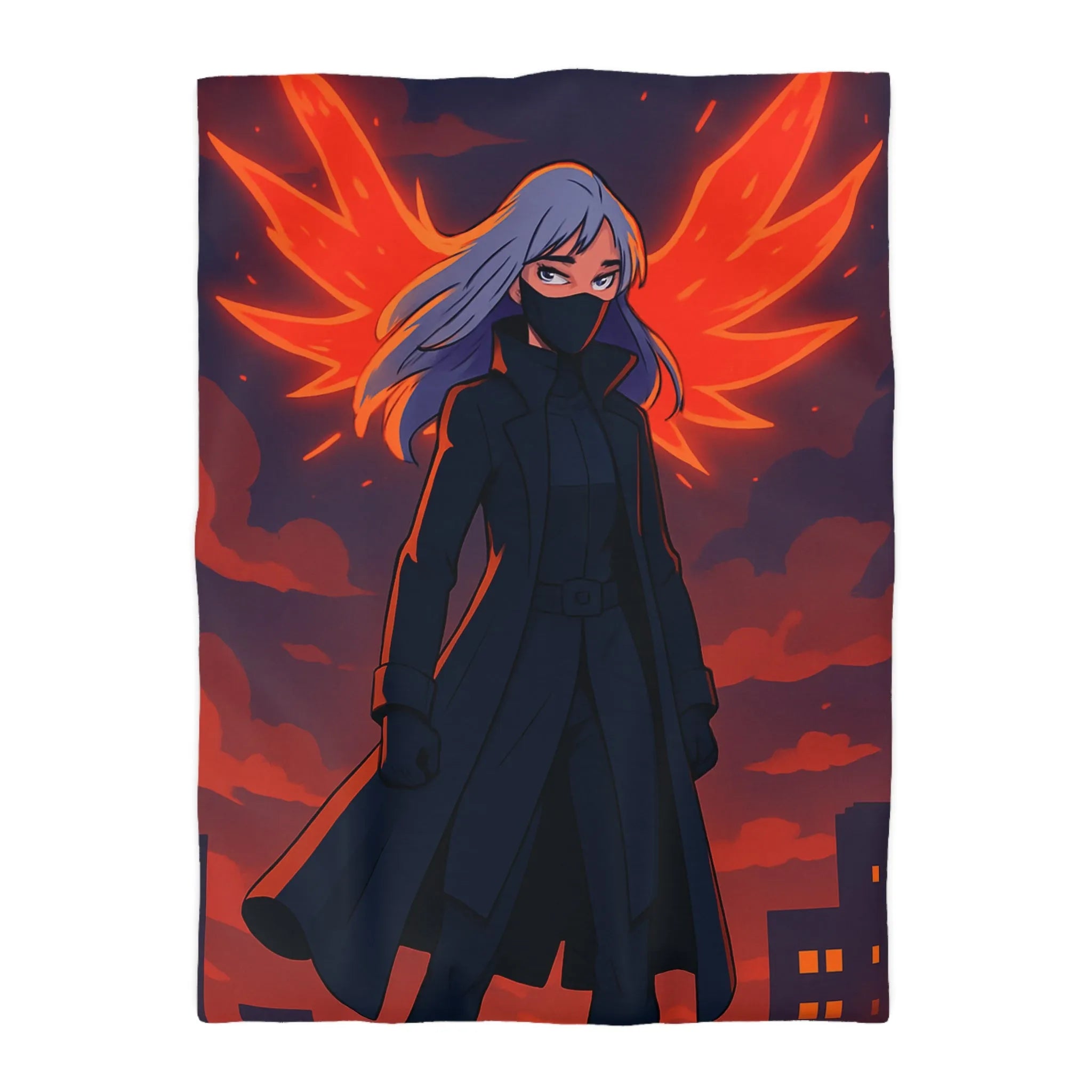 Housse de Couette Gothique avec Figure Angélique Ailée et Ville Enflammée Stylisée