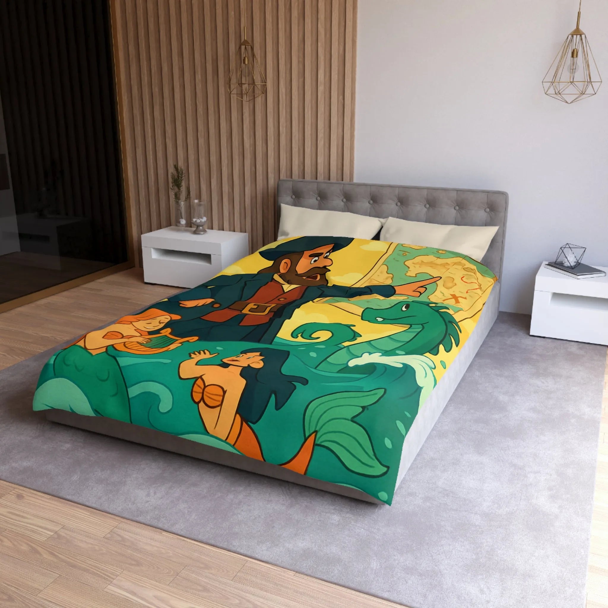 Housse de couette illustrée pirate avec carte, sirènes et monstre marin ludique