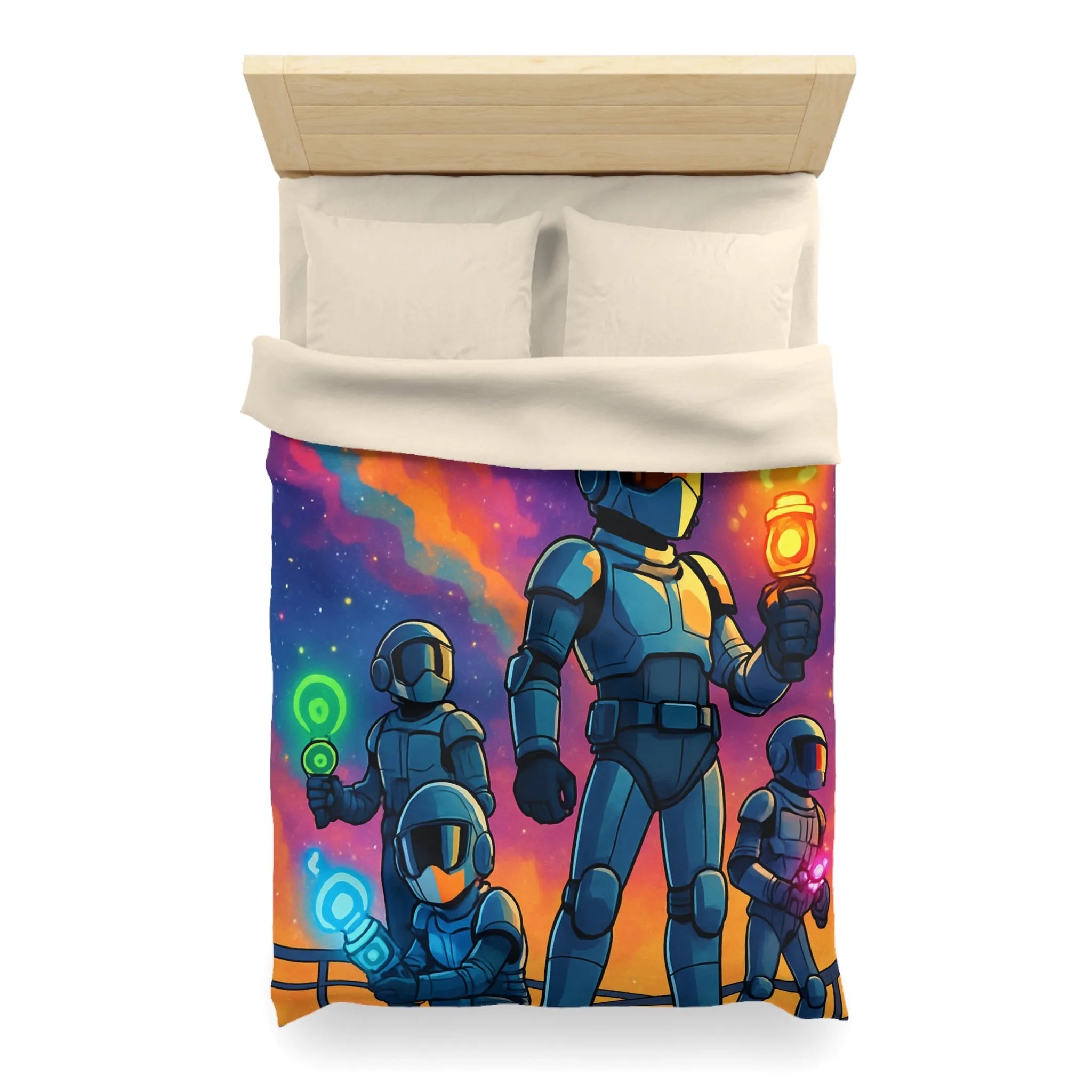 Housse de couette futuriste colorée avec quatre astronautes sous galaxie vibrante et étoilée