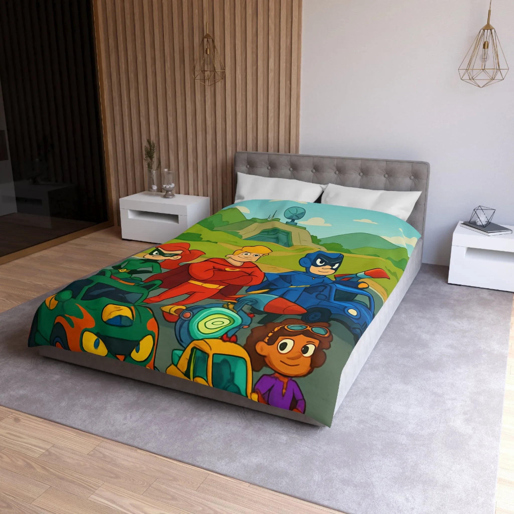 Housse de couette enfant avec super-héros et véhicules colorés dans paysage cartoon vibrant