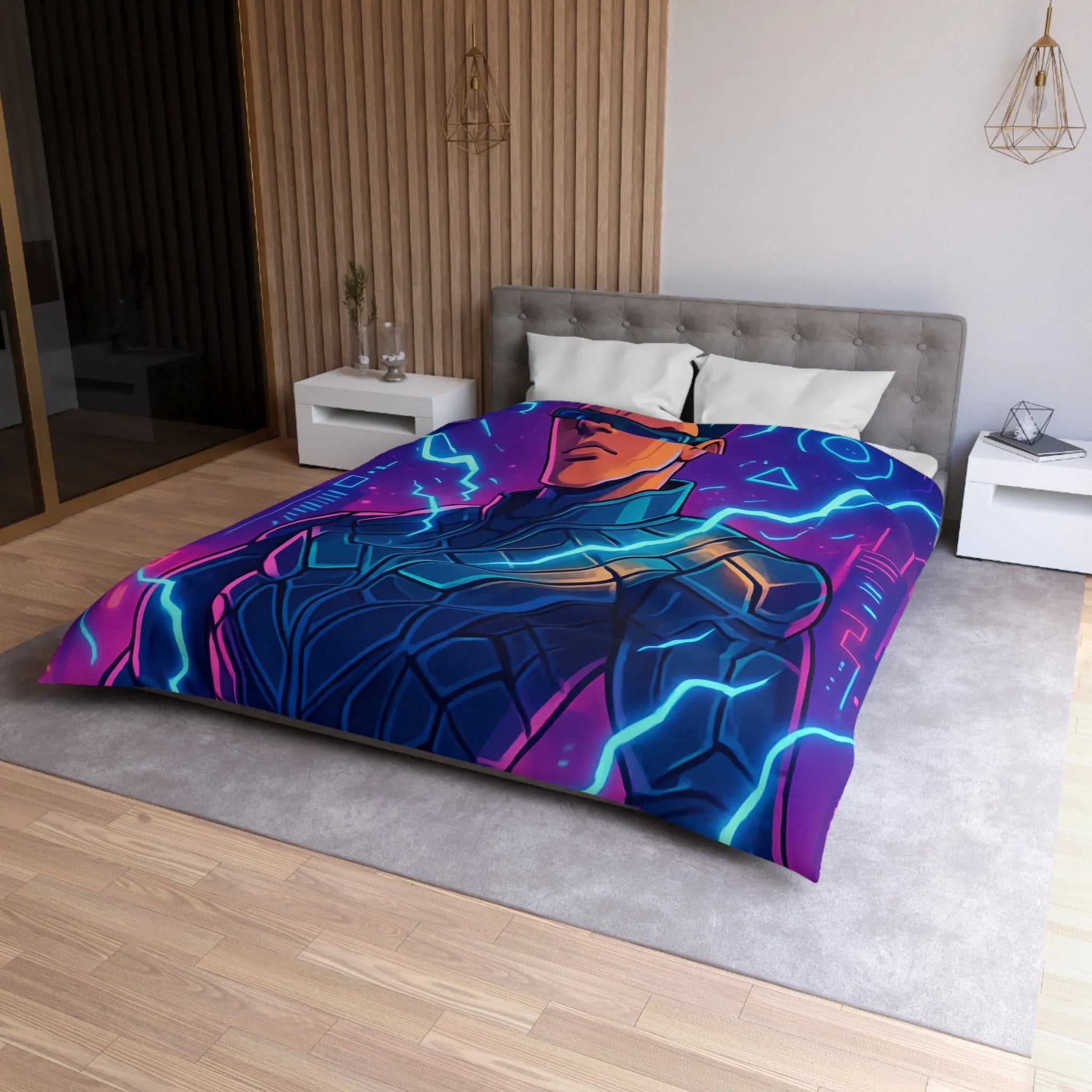 Housse de Couette Futuriste Cyberpunk avec Éclairs Électriques et Design Néon Énergétique