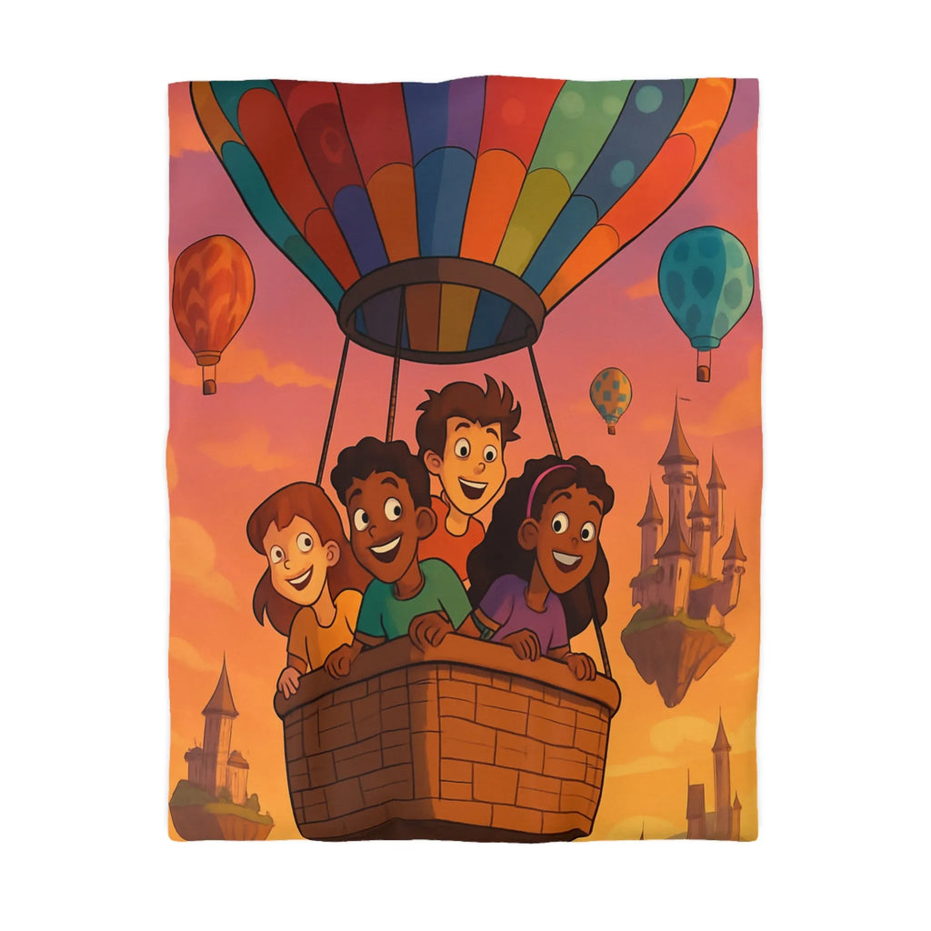 Housse de couette colorée avec enfants dans montgolfière et château en arrière-plan