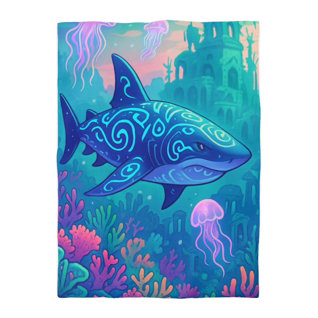 Housse de couette océan fantastique avec requin luminescent et méduses colorées