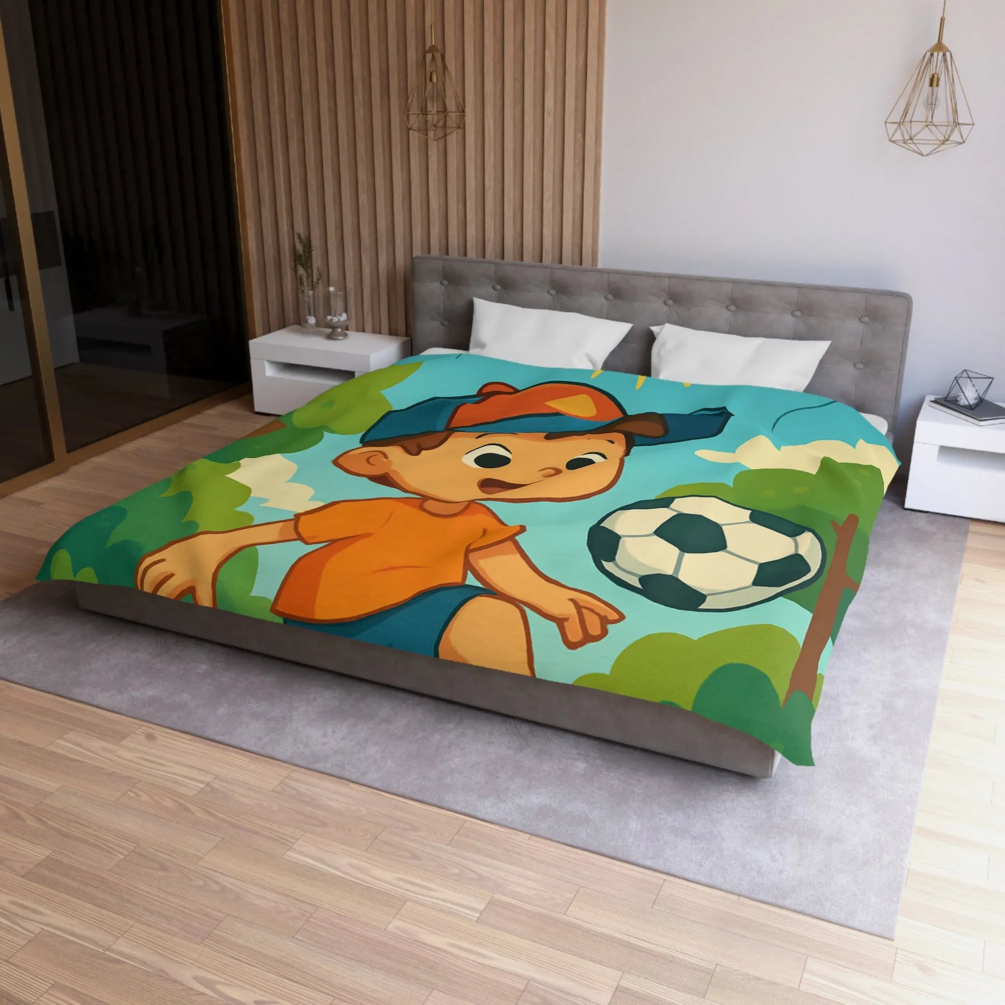 Housse de Couette Enfantine avec Garçon Jouant au Football Sous Soleil et Ballons