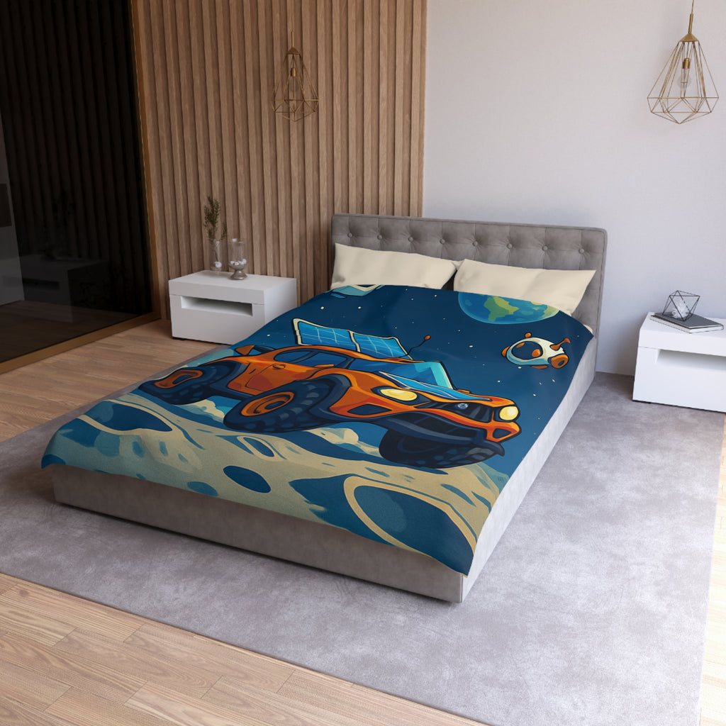 Housse de couette spatiale avec voiture orange et robots sur fond lunaire captivant