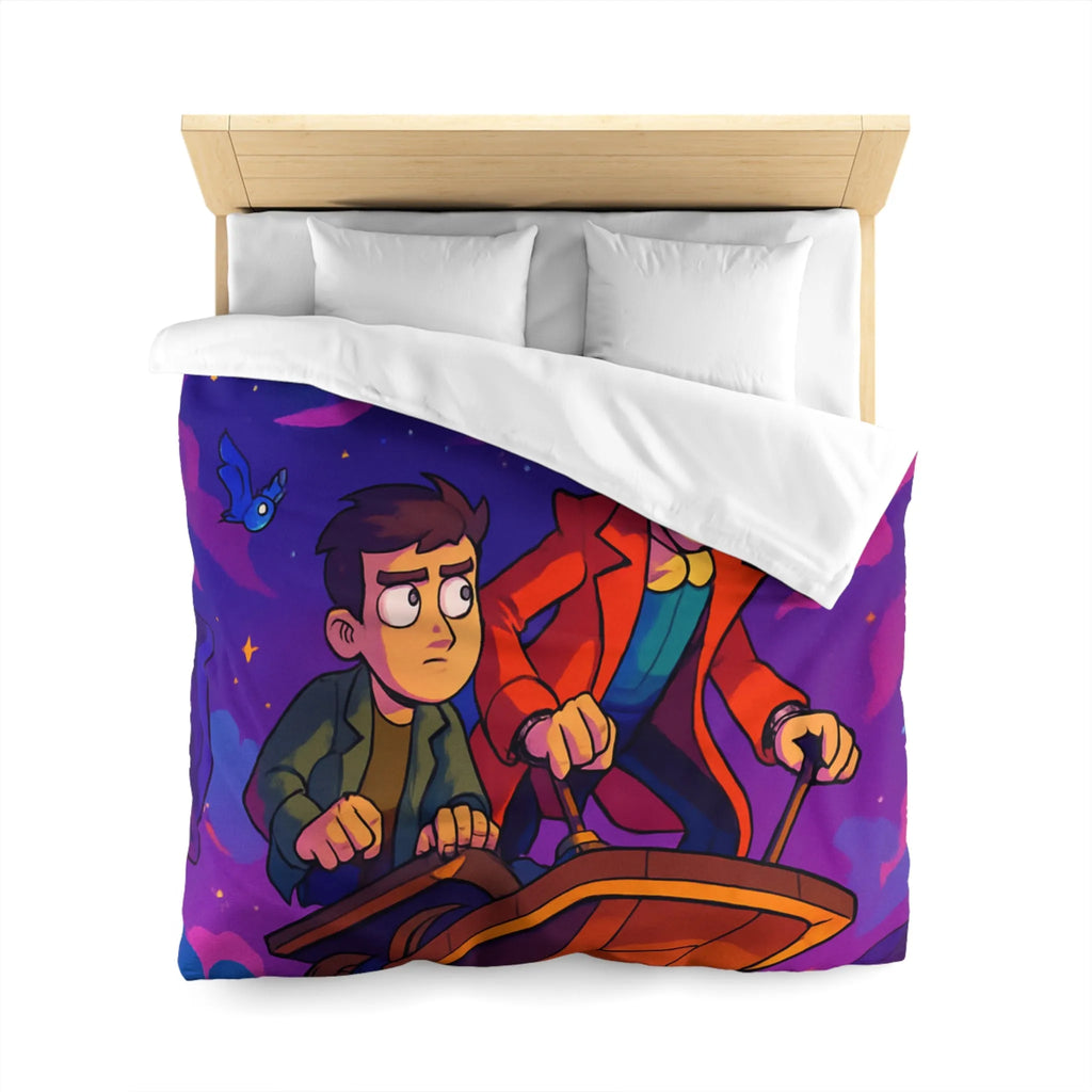 Housse de couette avec illustration d’aventuriers et animaux dans l’espace coloré et rétro