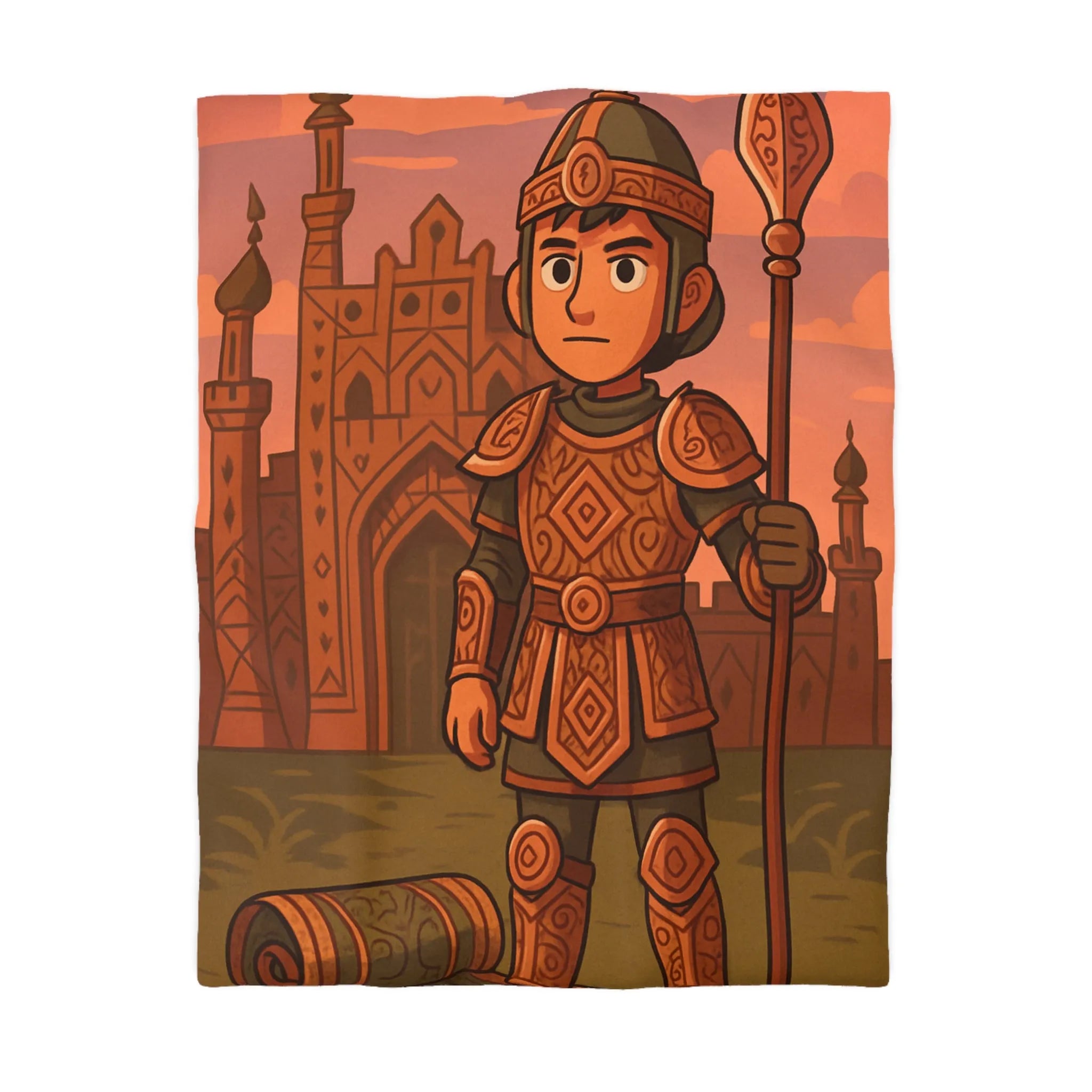 Aventurier médiéval en armure détaillée avec château oriental devant lever de soleil orangé