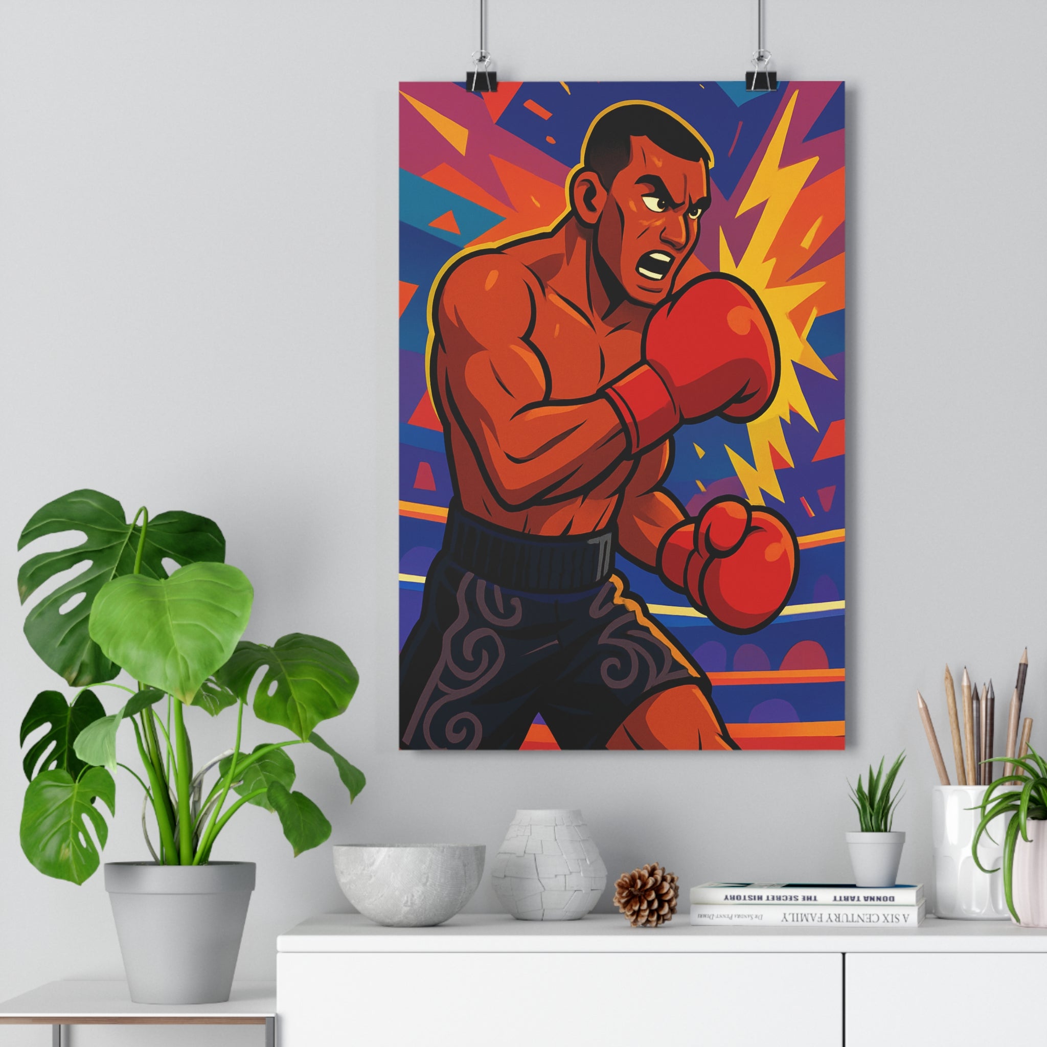 Poster décoratif cartoon boxeur rouge bleu jaune dynamique énergique chambre salon enfant moderne vibrant