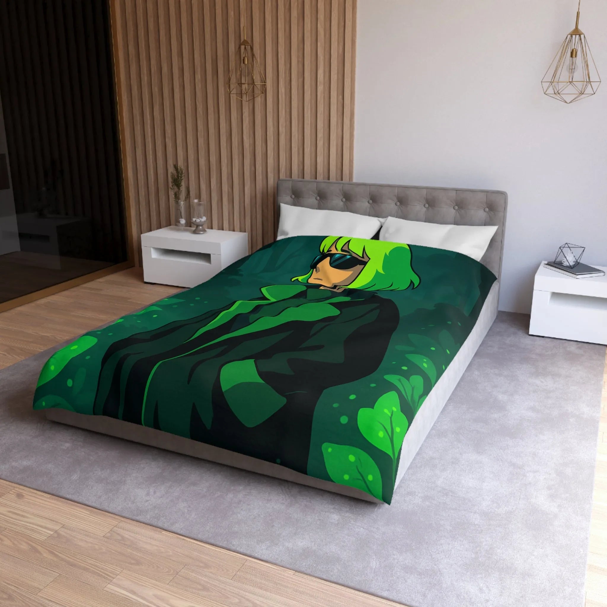 Housse de couette forêt graphique avec personnage mystérieux et nuances vertes élégantes