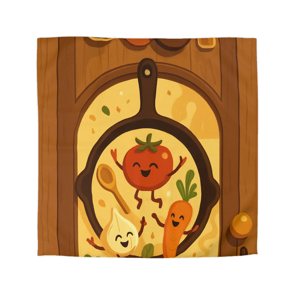 Housse de couette joyeuse avec légumes dans une poêle ambiance cuisine chaleureuse