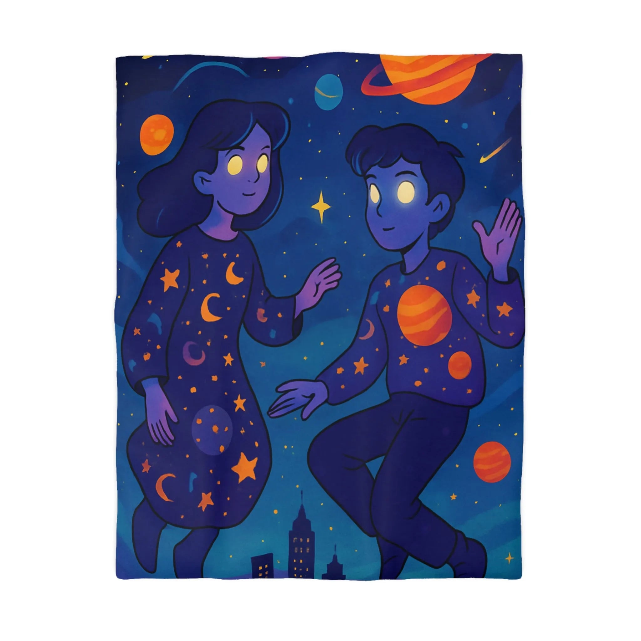 Housse de couette double galaxie avec enfants flottants et planètes lumineuses