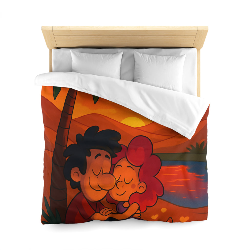 Housse de couette romantique avec couple câlin et coucher de soleil magique désertique