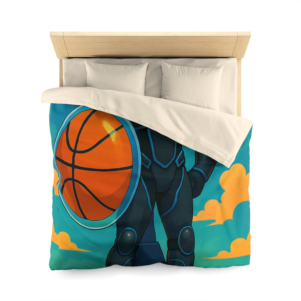 Housse de couette avec illustration d'un joueur de basket héroïque sous un ciel vibrant