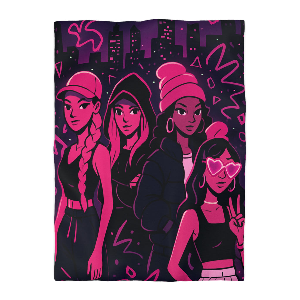 Housse de couette urbaine avec silhouettes féminines et motifs fluorescents nuit étoilée