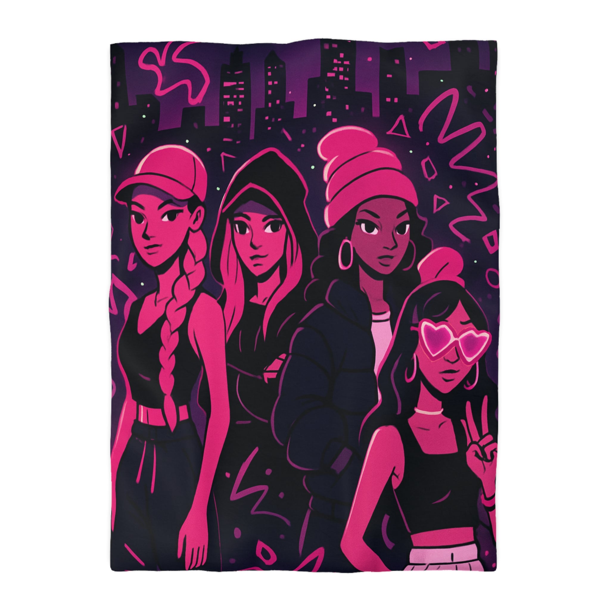 Housse de couette urbaine avec silhouettes féminines et motifs fluorescents nuit étoilée