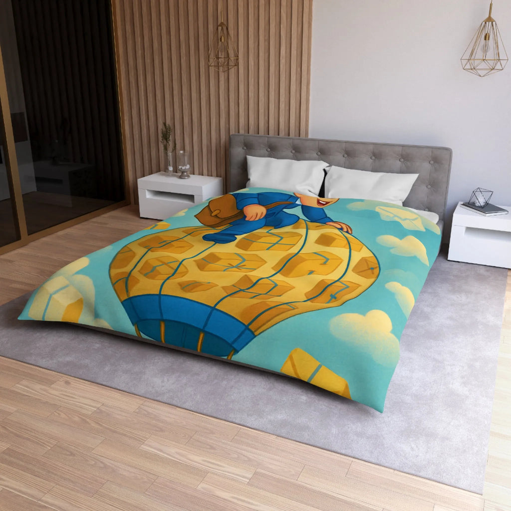 Housse de couette colorée avec montgolfière et livreur volant dans le ciel animés