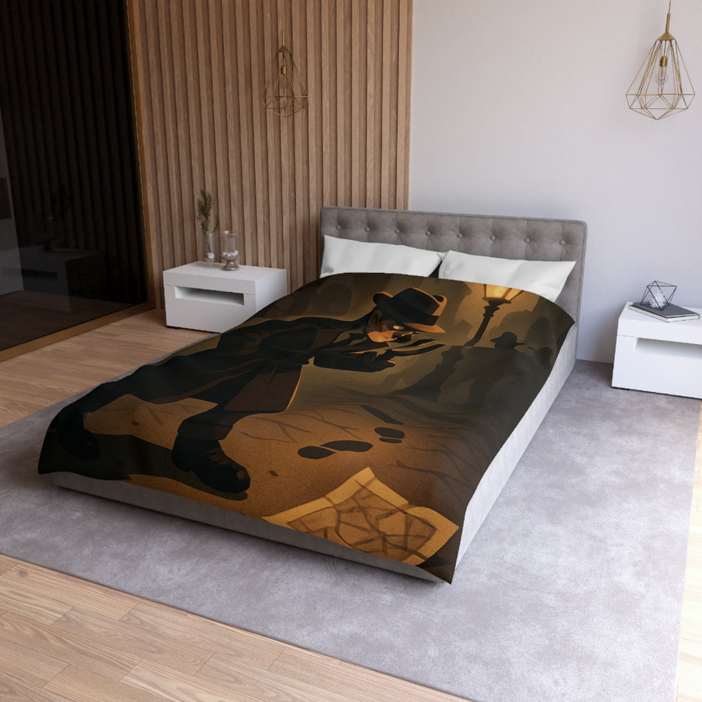 Housse de couette mystérieuse détective sombre rue nocturne silhouette investigation piste intrigante