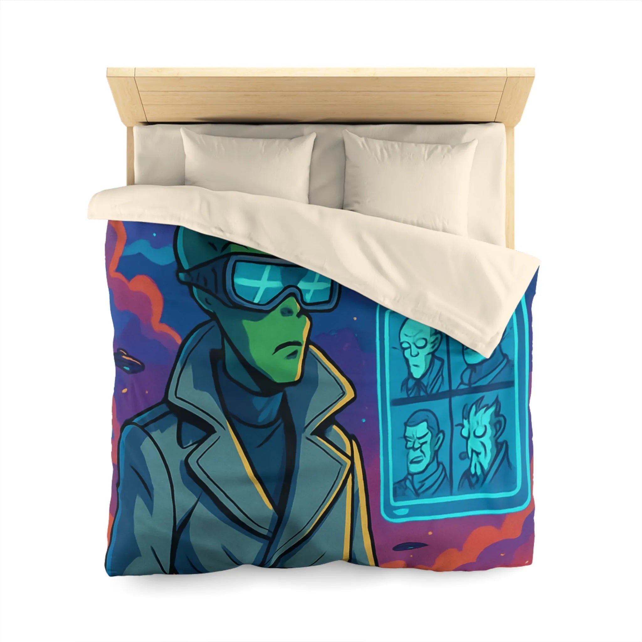 Housse de Couette Futuriste avec Alien et OVNIs, Style Bande Dessinée Colorée Science-Fiction