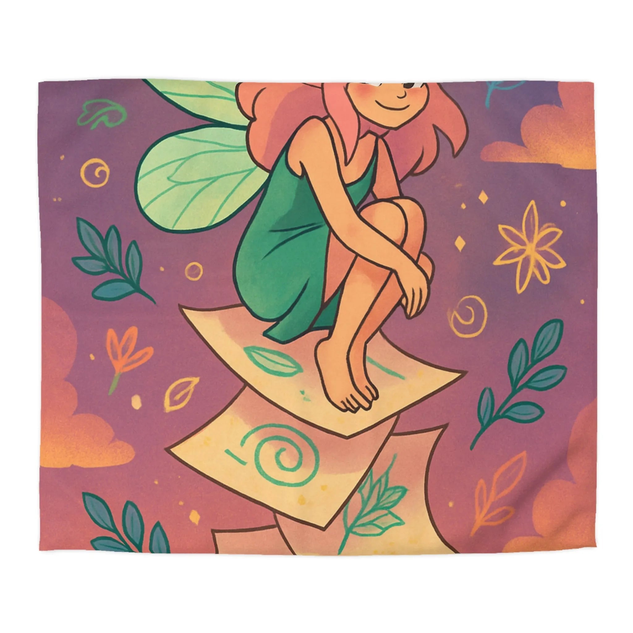 Housse de couette féerique avec fée aux ailes vertes et motifs floraux enchanteurs