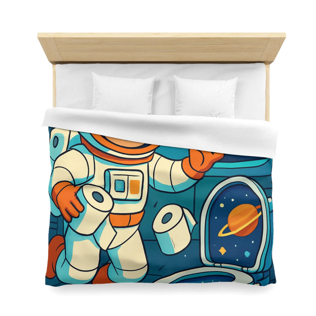 Housse de couette avec astronaute joyeux en cabine spatiale avec rouleaux flottants