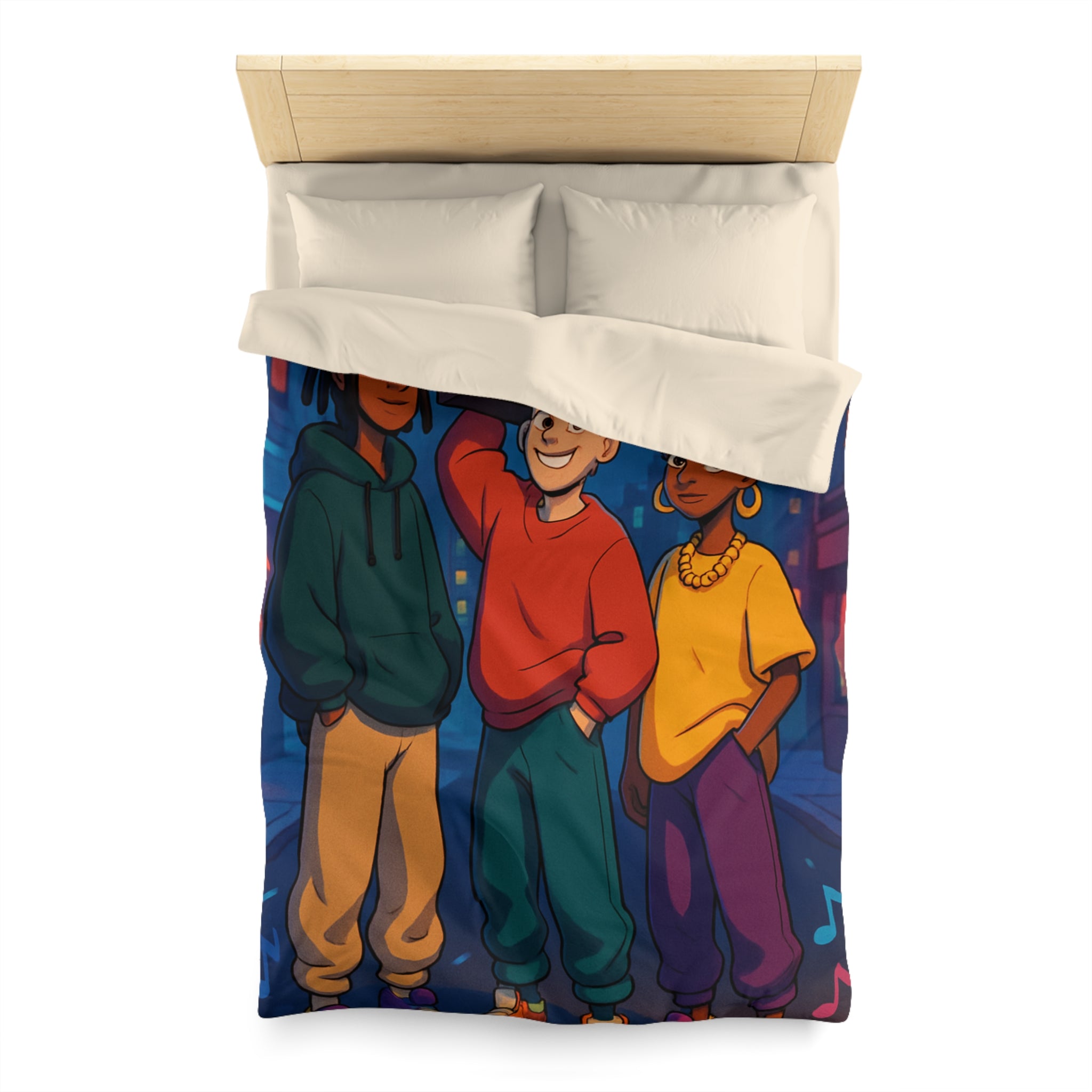 Housse de couette urbaine colorée avec adolescents et radio cassette dans la rue nocturne