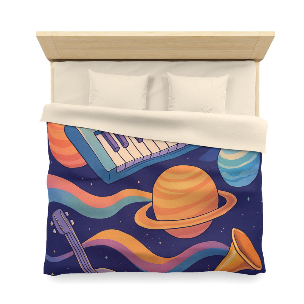 Housse de couette musicale colorée avec espace et instruments dans un univers imaginaire