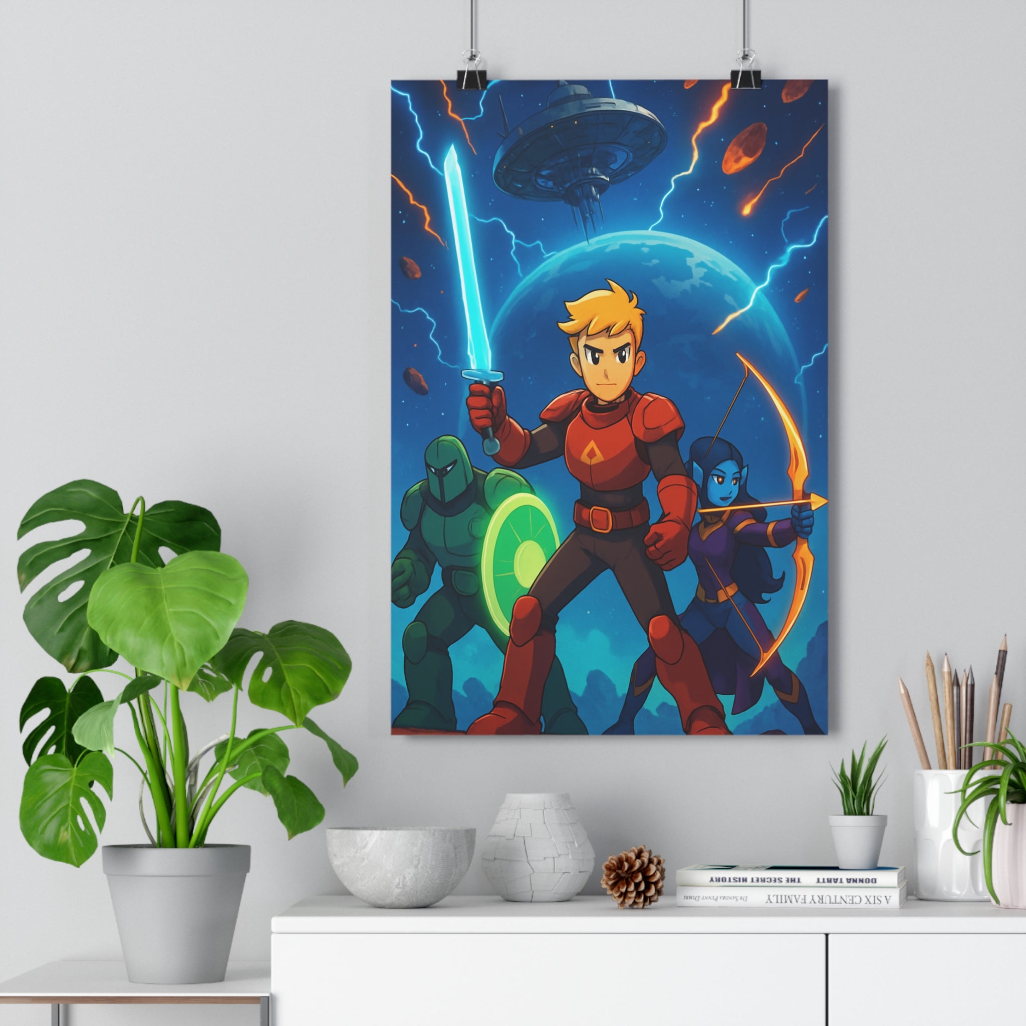 Poster décoratif futuriste aventure bleu vert salon chambre espace héros vaisseau épée lumineux planète