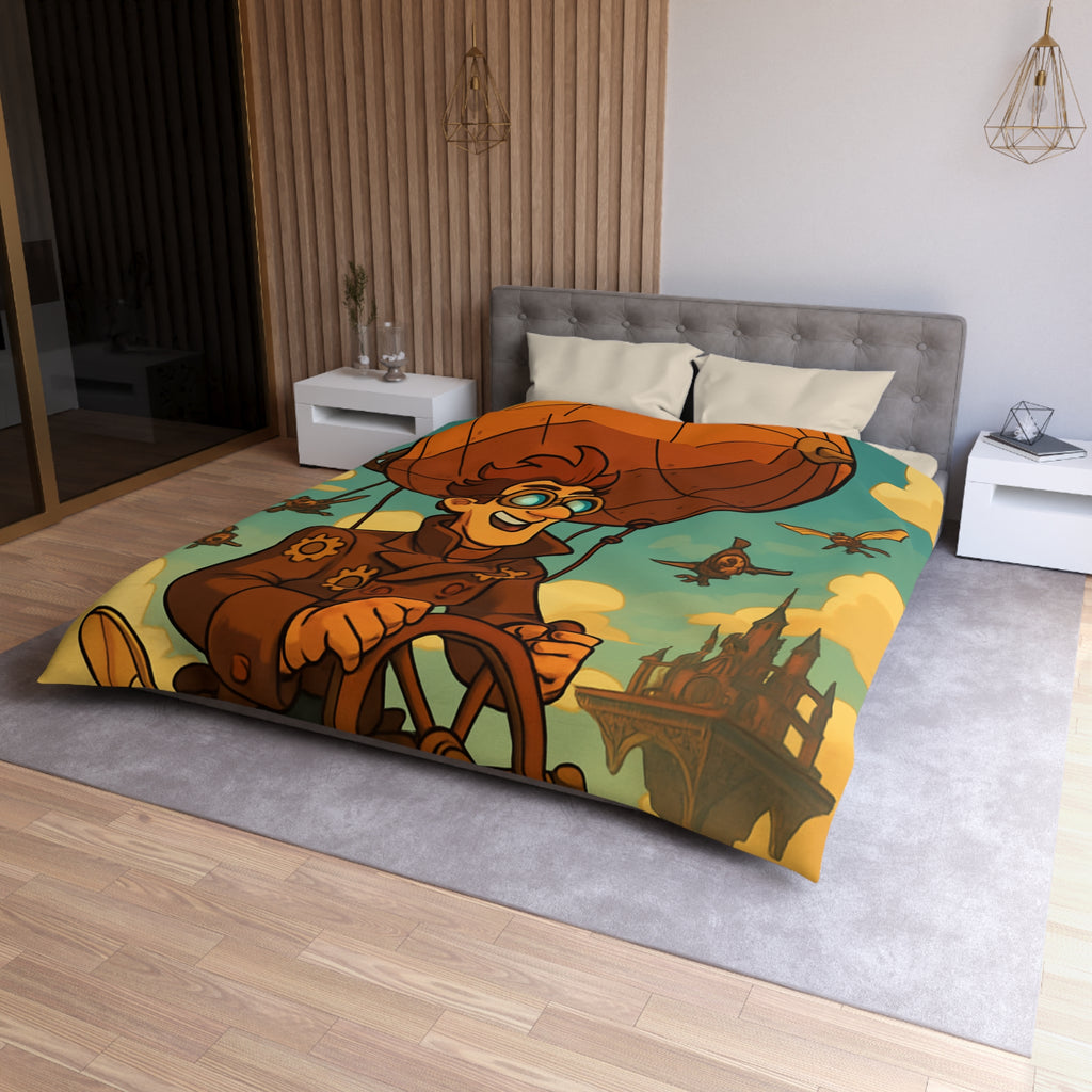 Housse de Couette Steampunk avec Ballon Dirigeable et Cité Volante dans le Ciel