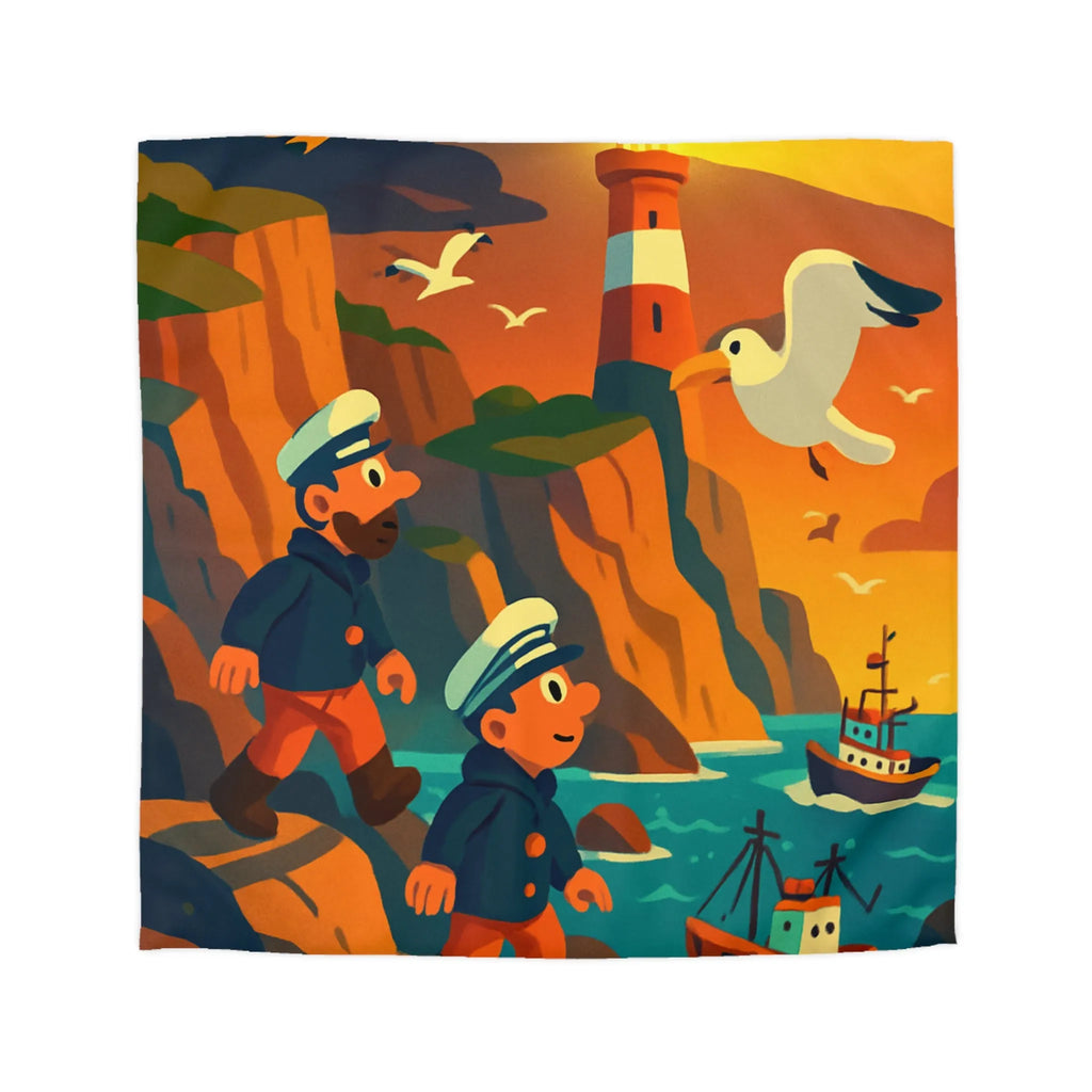 Housse de couette maritime colorée avec phares et marins au coucher du soleil