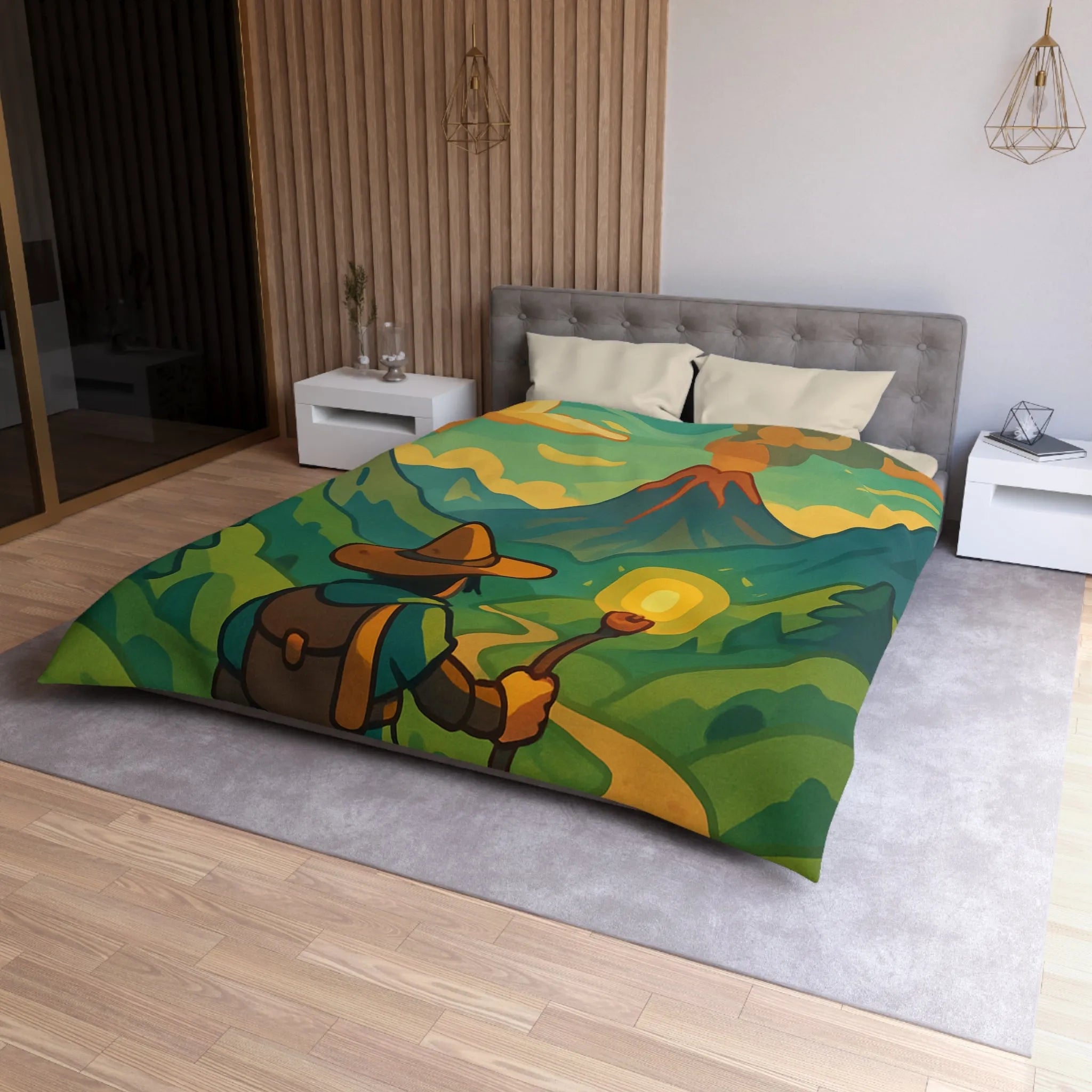 Housse de couette magique aventure volcan, randonnée féerique enchantée animaux rougeoyant lumineux