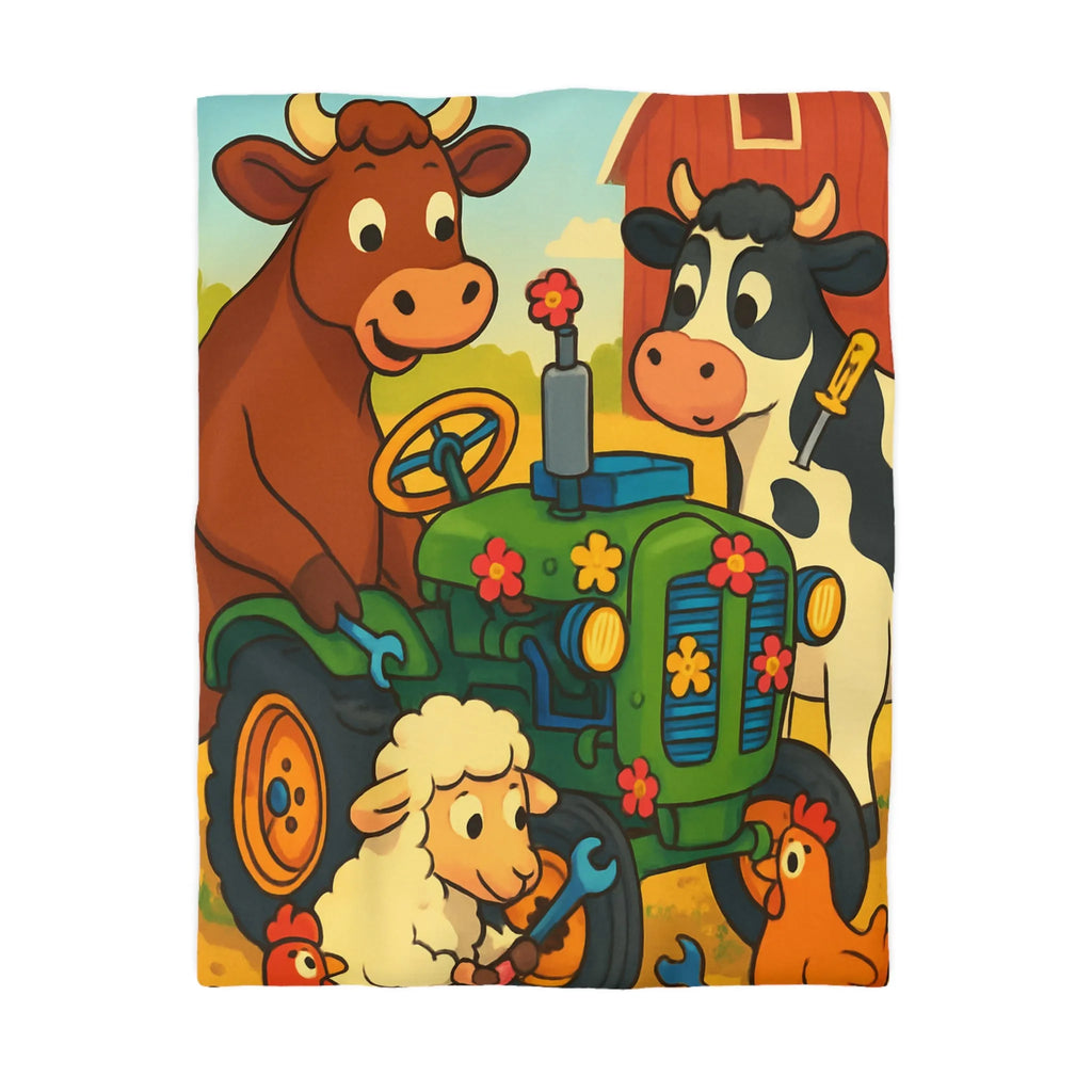 Housse de couette colorée avec animaux amusants à la ferme et tracteur ludique