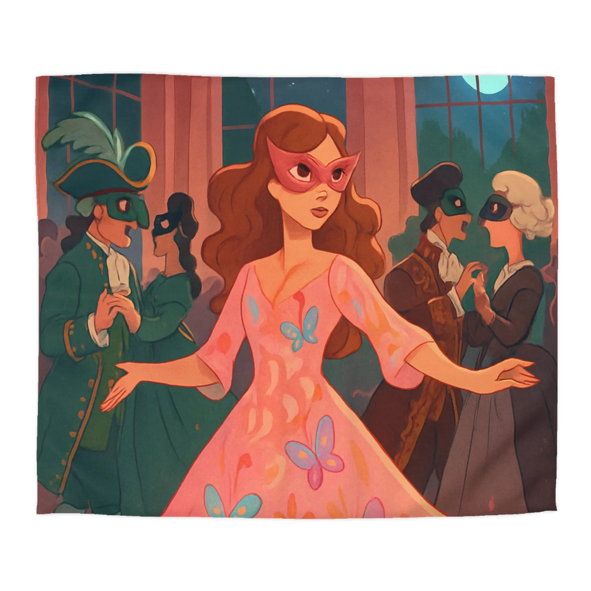 Housse de Couette Élégante avec Femmes Masquées et Papillons dans Bal Éthéré