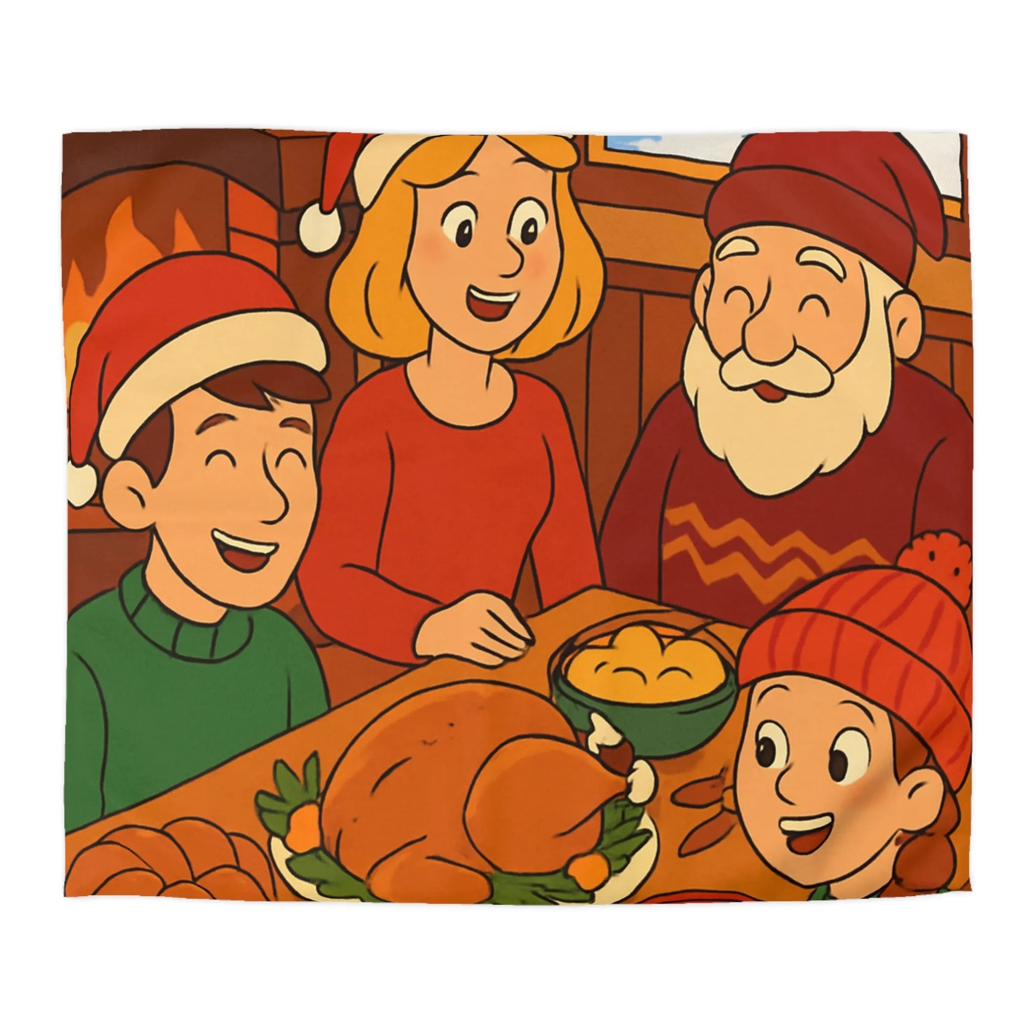 Housse de couette festive Noël famille réunie autour d'un dîner savoureux cheminée