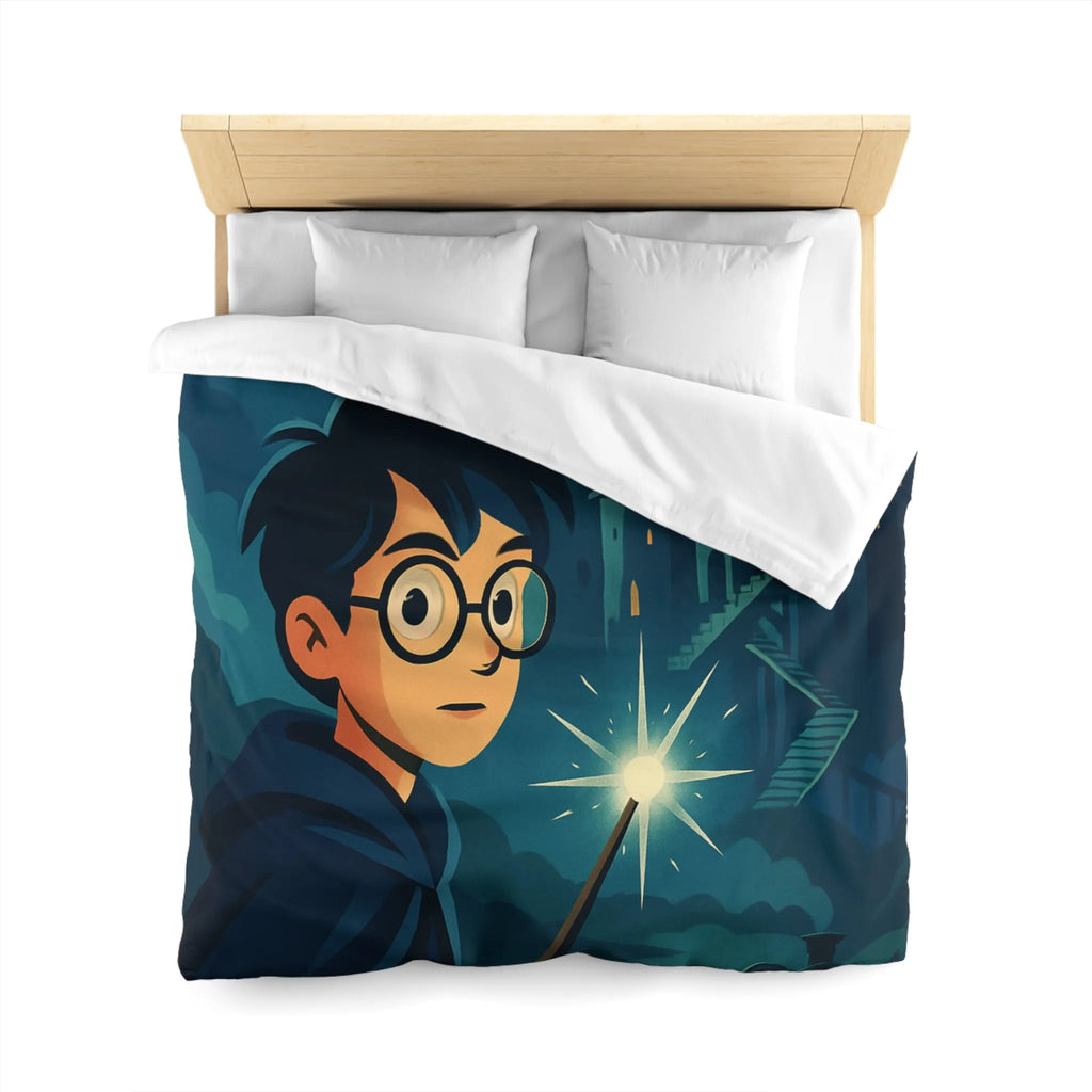Housse de couette magique avec garçon, château mystérieux et train dans la nuit étoilée