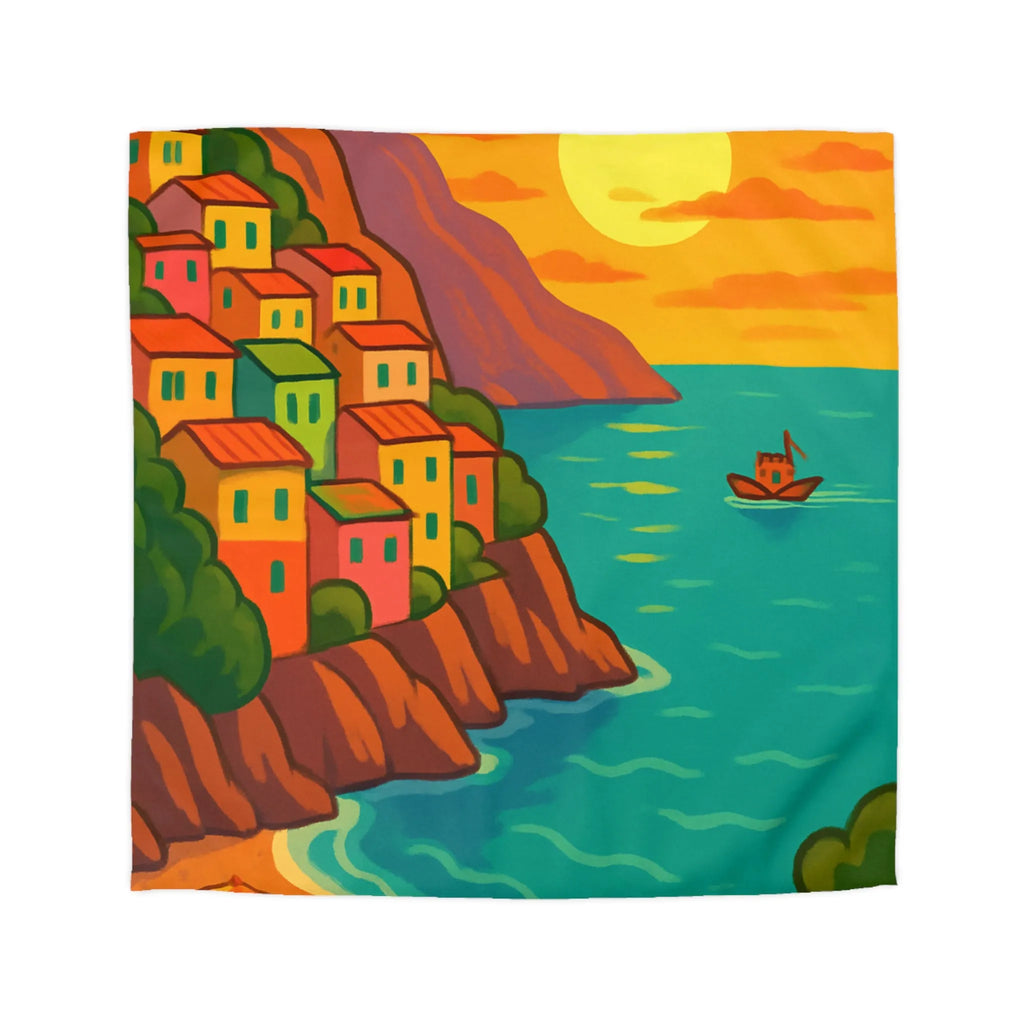 Housse de couette avec paysage côtier éclatant sous coucher de soleil vibrant et artistique