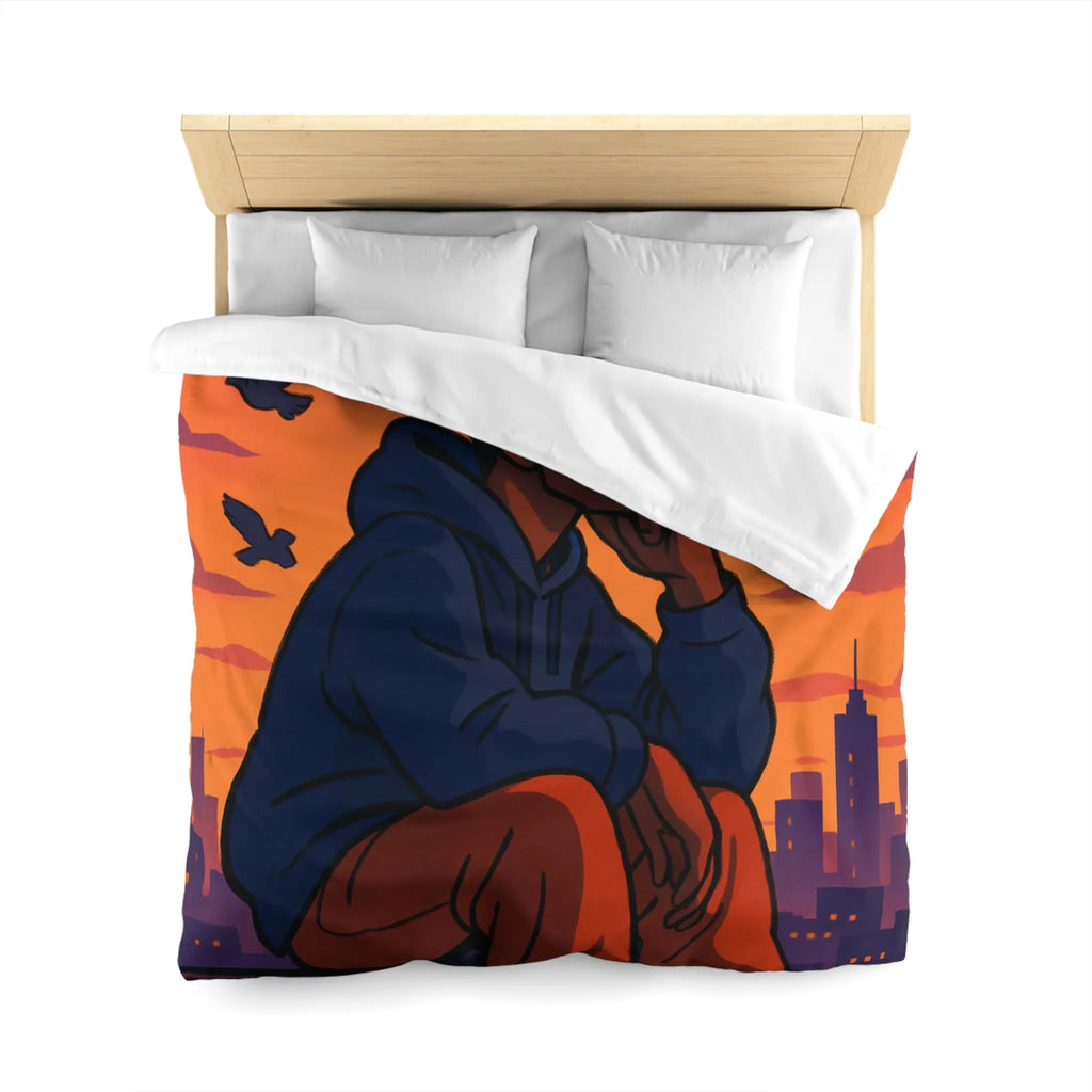 Housse de couette au design urbain moderne avec ciel crépusculaire et silhouette pensive