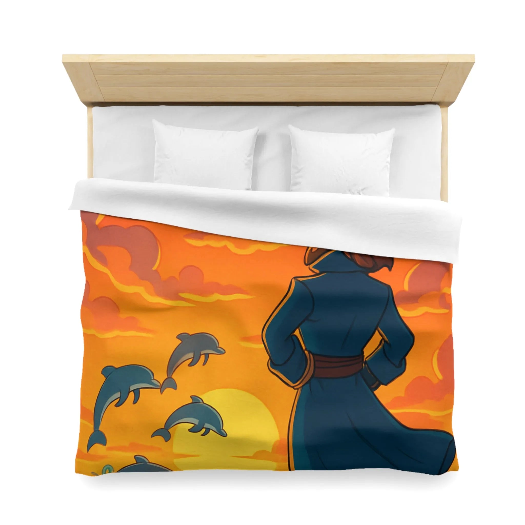 Housse de couette avec pirate contemplant dauphins sous ciel flamboyant au coucher du soleil