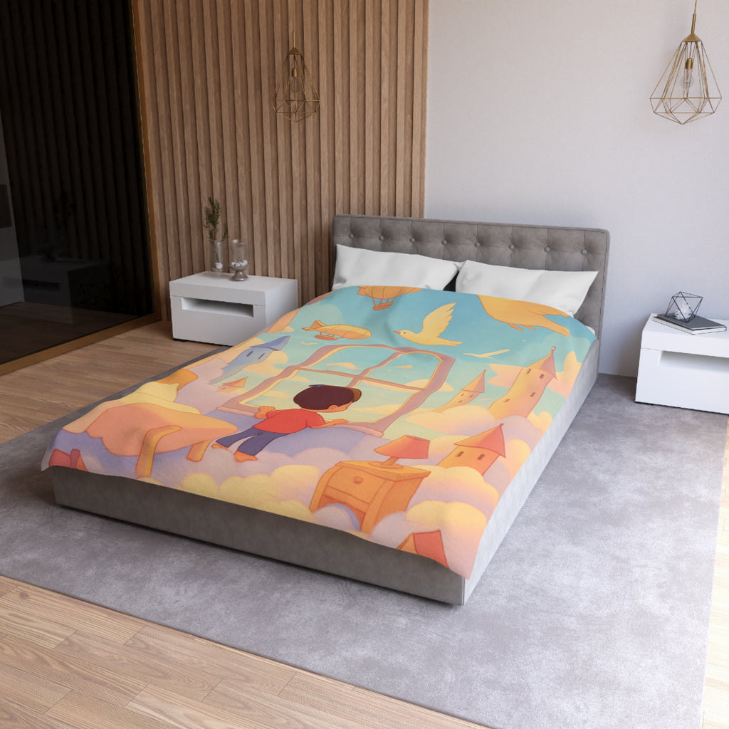 Housse de couette rêveuse enfantine avec nuages, dirigeables et oiseaux volants paisibles