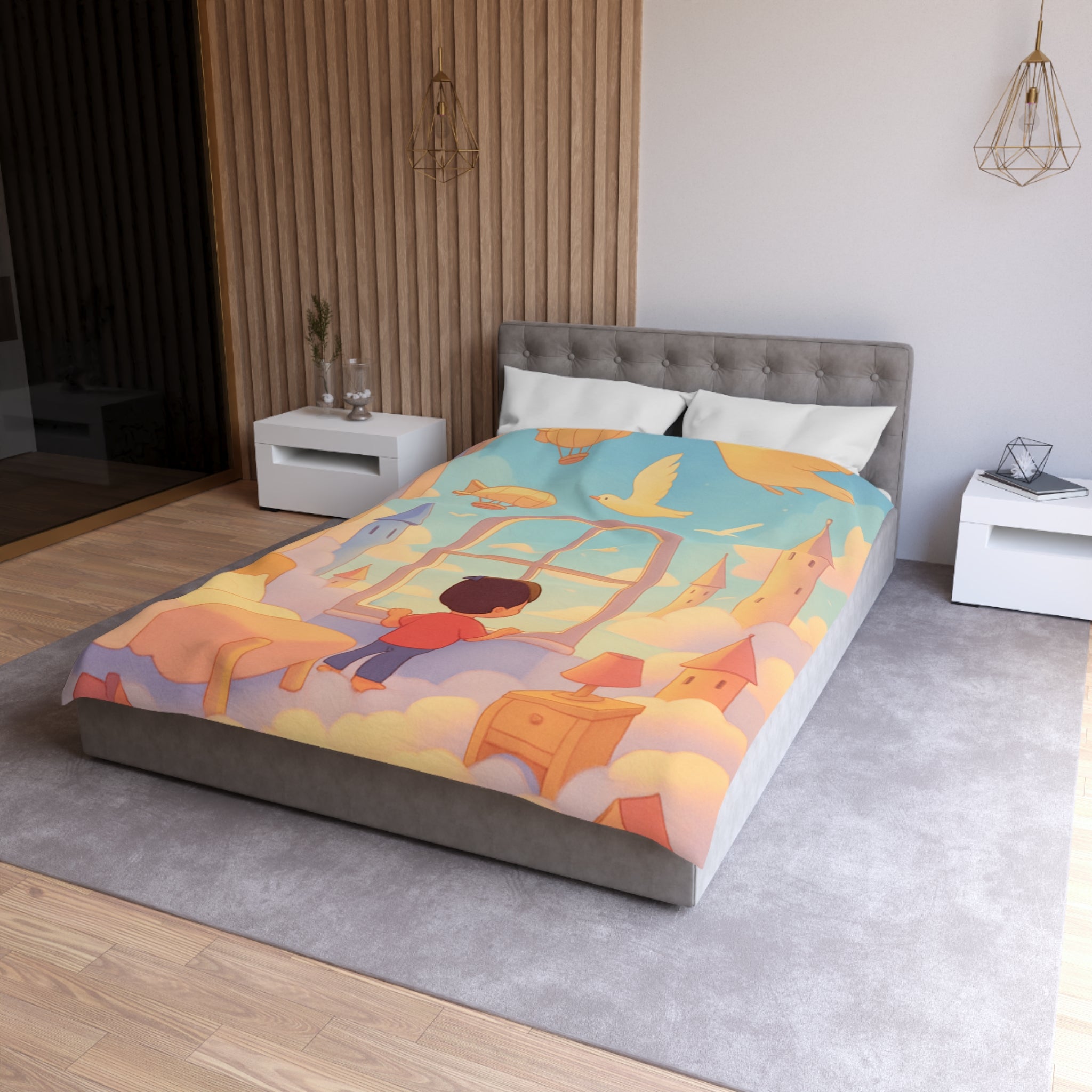 Housse de couette rêveuse enfantine avec nuages, dirigeables et oiseaux volants paisibles