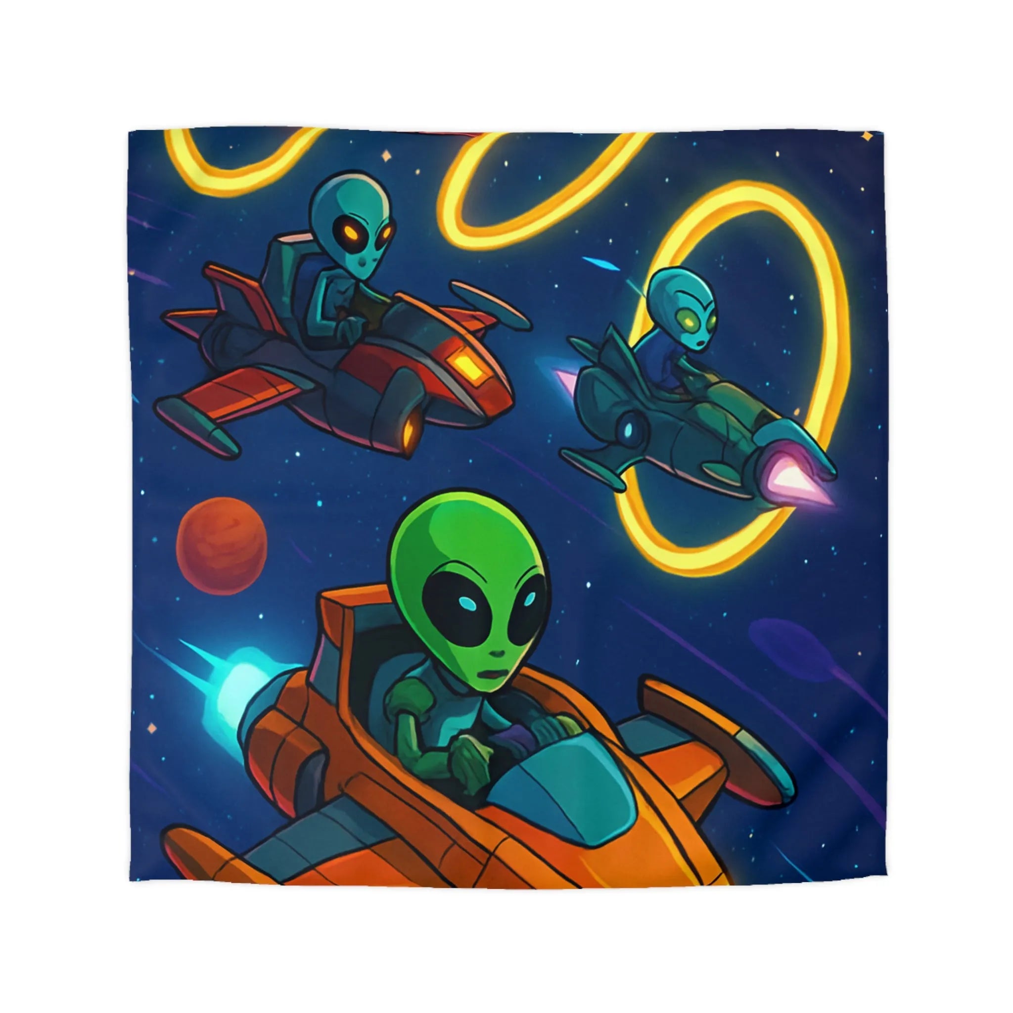 Housse de Couette avec Motifs d'Aliens en Course Spatiale et Anneaux Lumineux