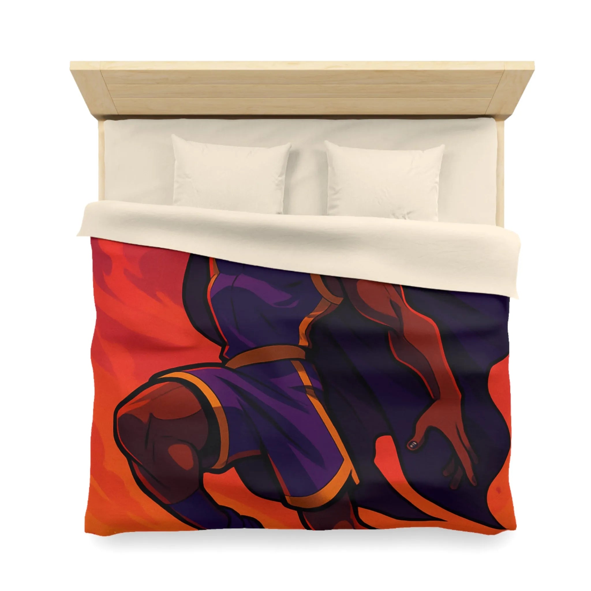 Housse de couette homme volant avec cape et ballon lumineux sur fond orange