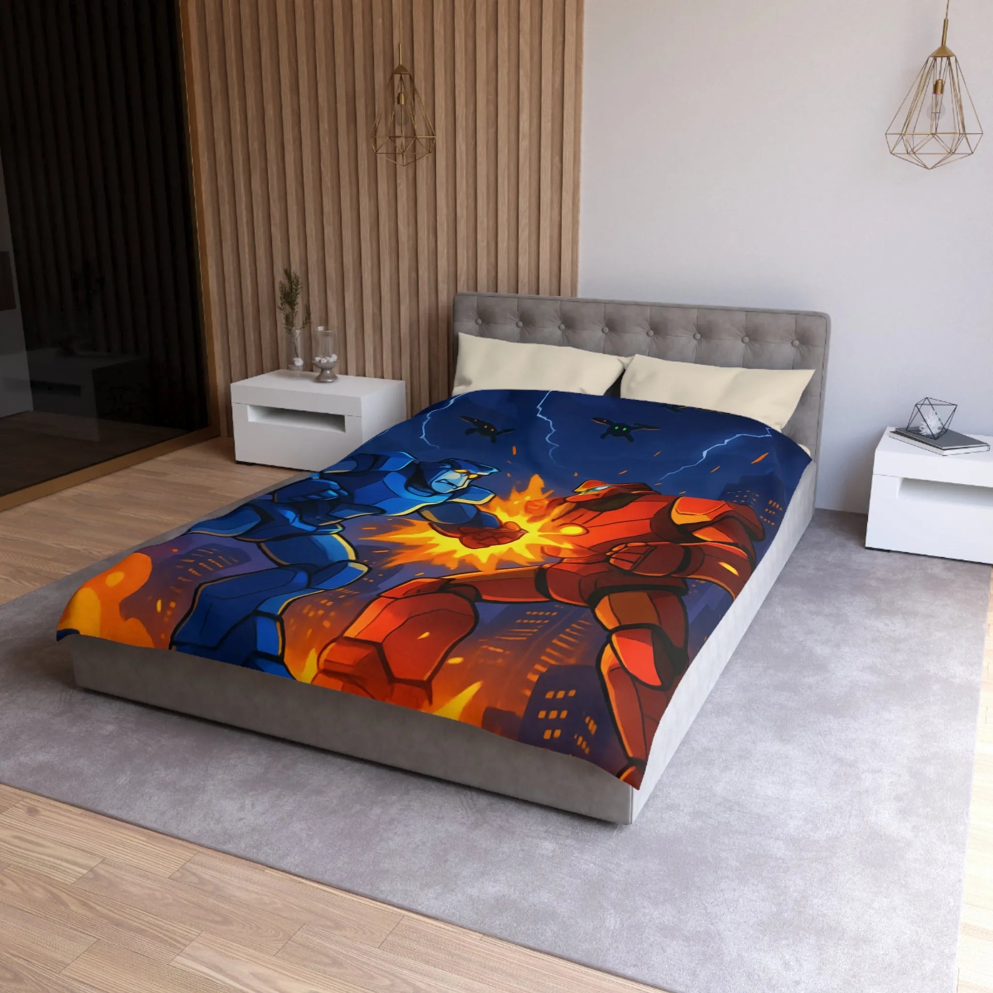 Housse de couette futuriste robots en combat dans une ville éclairée par l'orage