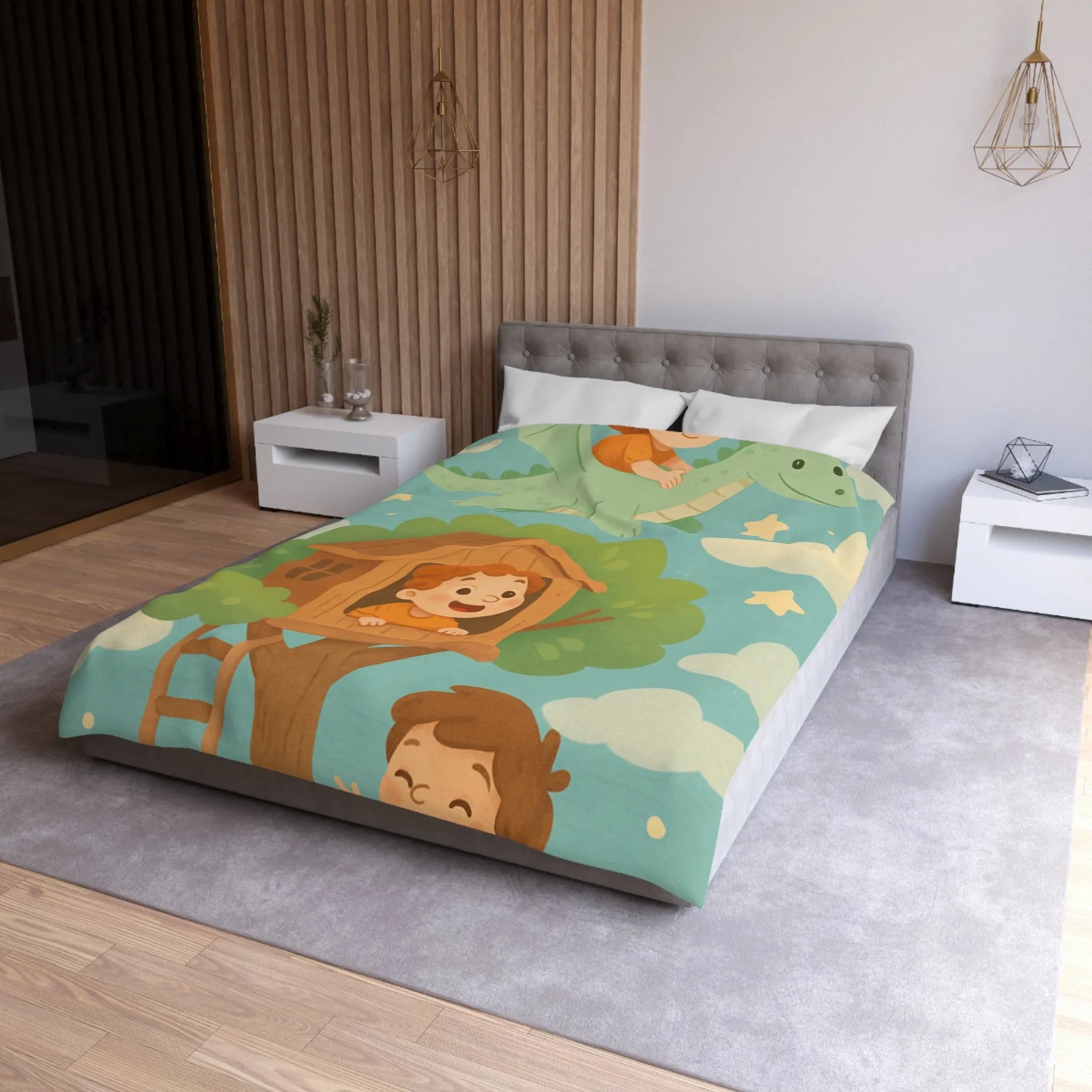 Housse de Couette Enfant Colorée avec Dragon, Maisonnette Arbre et Étoiles Féeriques