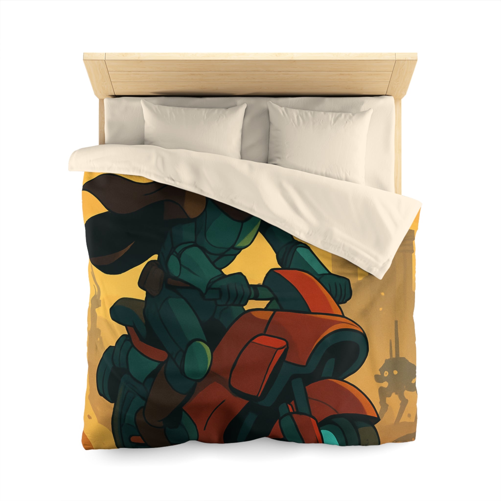 Housse de couette moto futuriste avec pilote en armure et paysage urbain orange