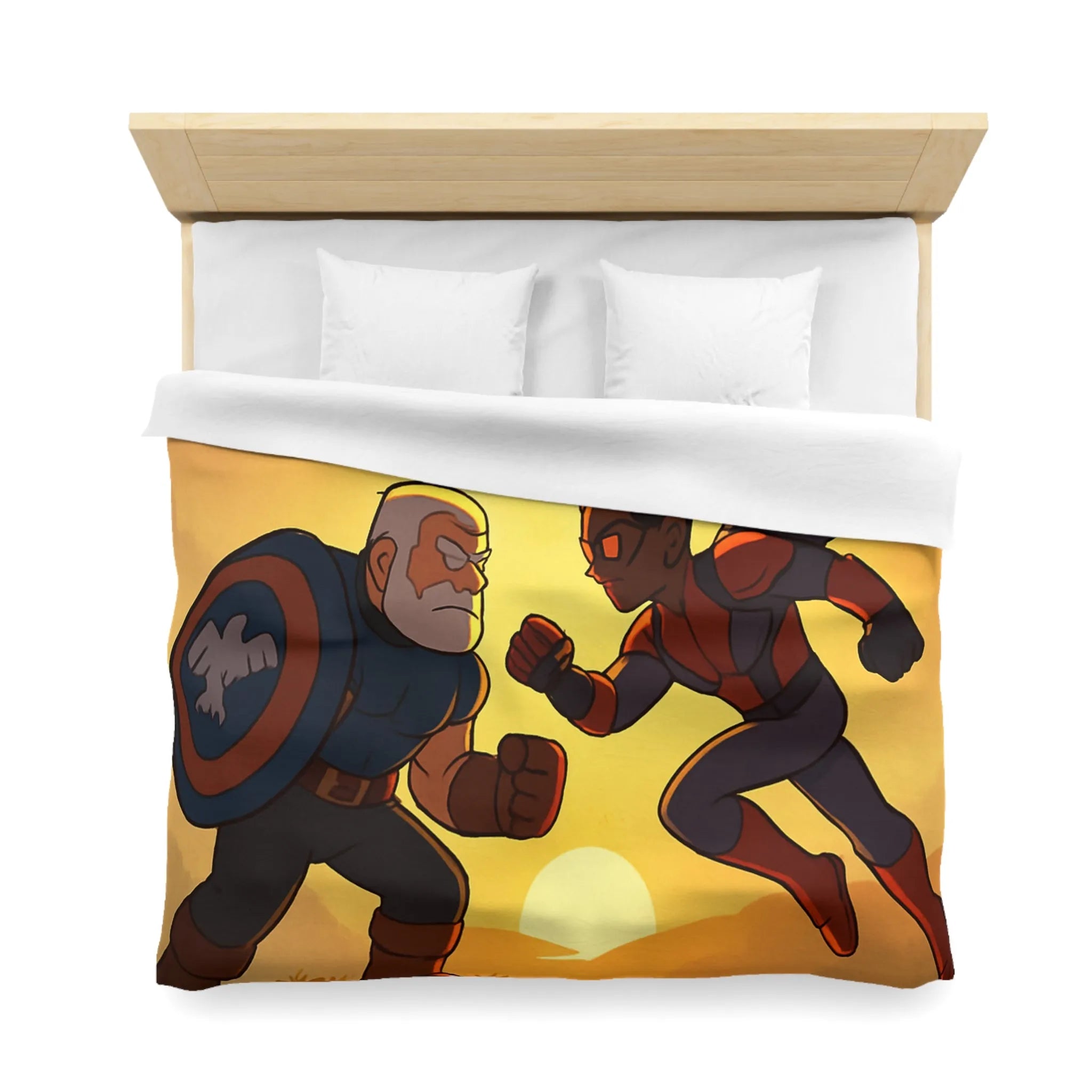 Housse de couette épique avec scène de combat héroïque au coucher du soleil