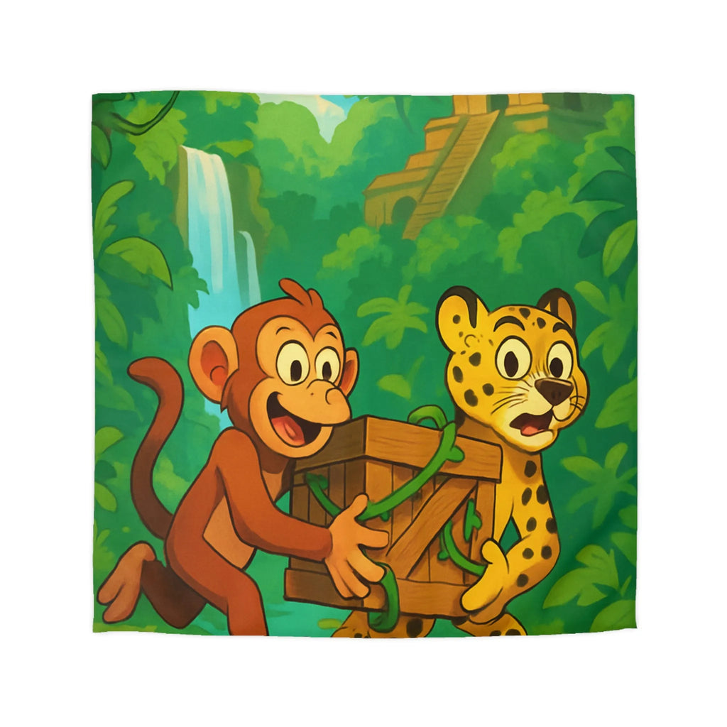Housse de Couette Jungle Aventure: Singe et Léopard En Explorateurs Cachés dans La Forêt