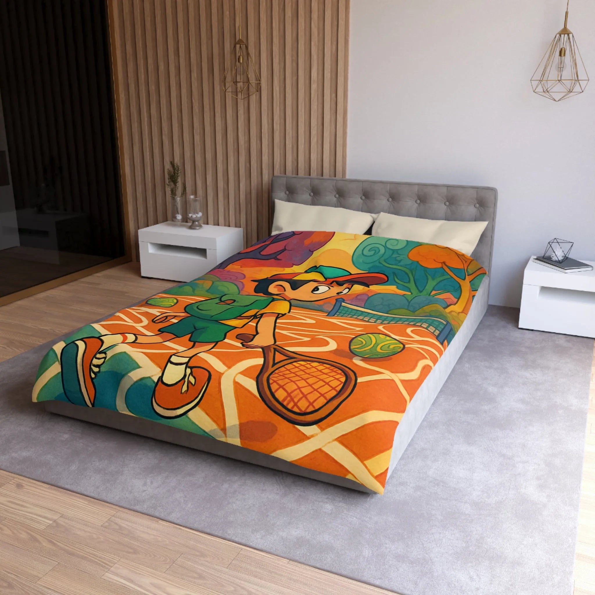 Housse de couette enfant avec motif joueur de tennis dans parc coloré joyeux